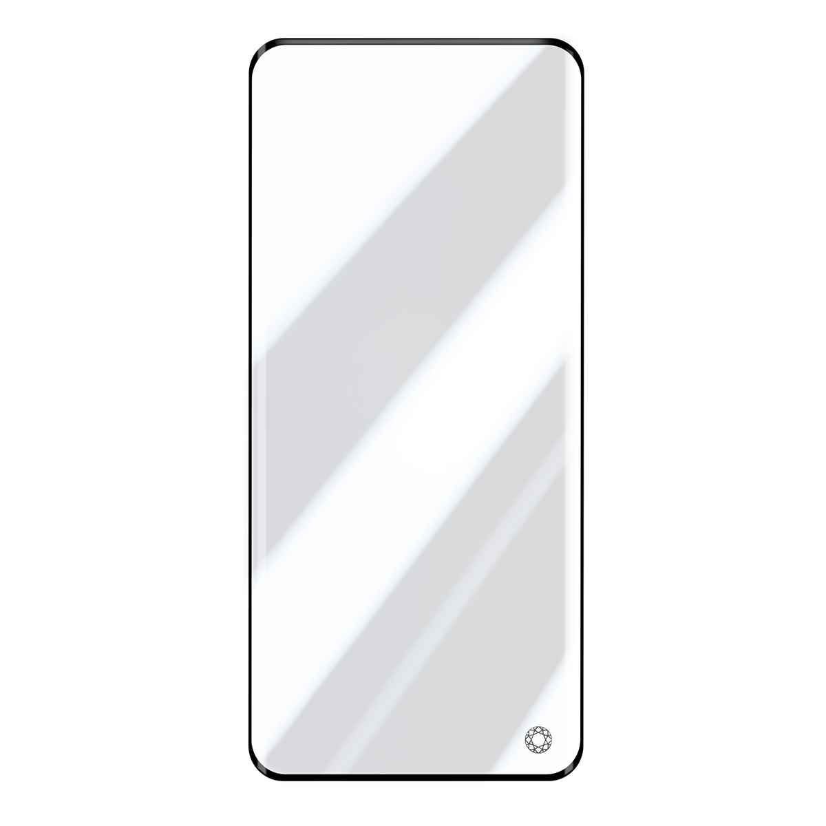 Un protecteur d'écran de smartphone sans cadre avec des reflets d'ombre et un petit logo en bas à droite.