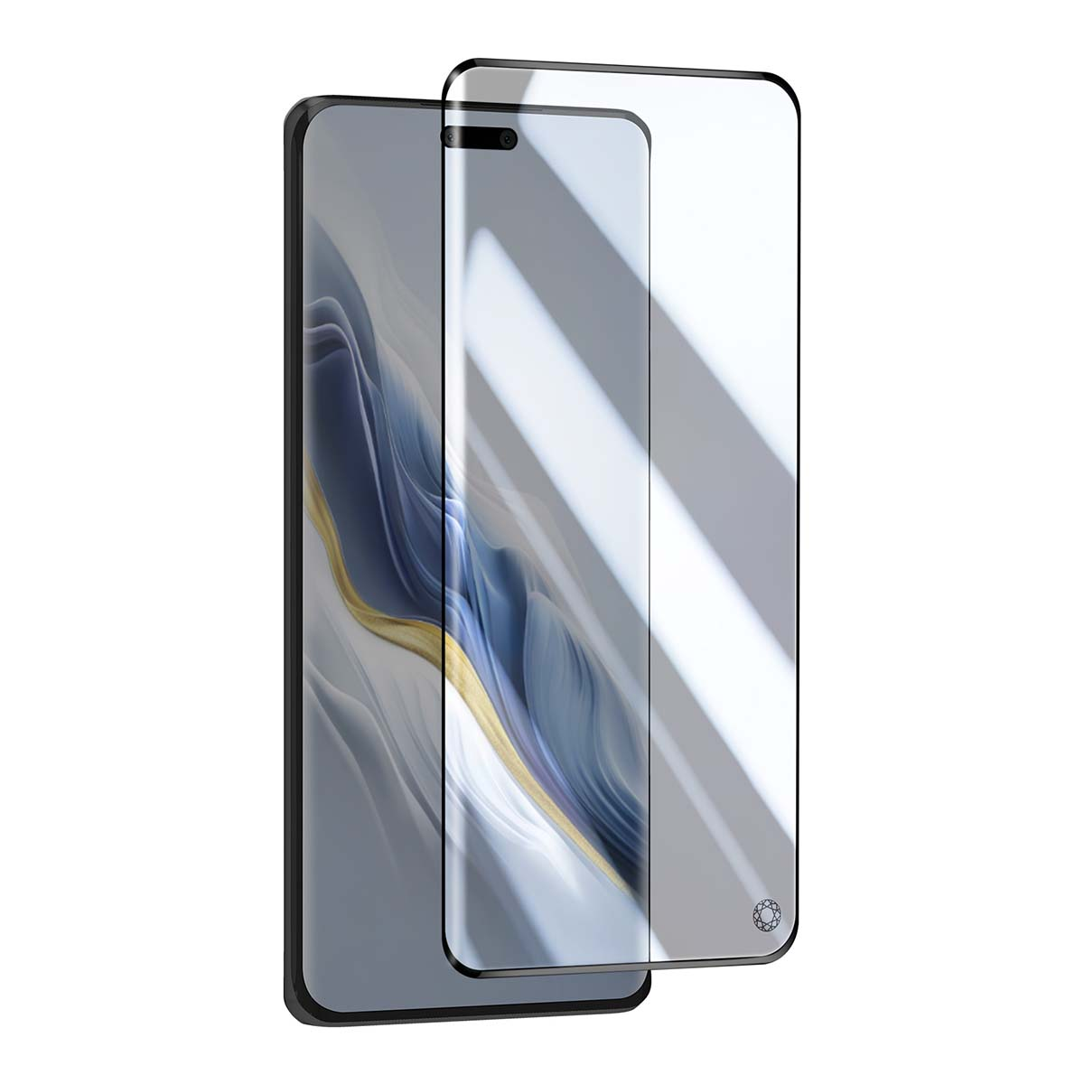 Un smartphone avec un protecteur d'écran légèrement décalé.