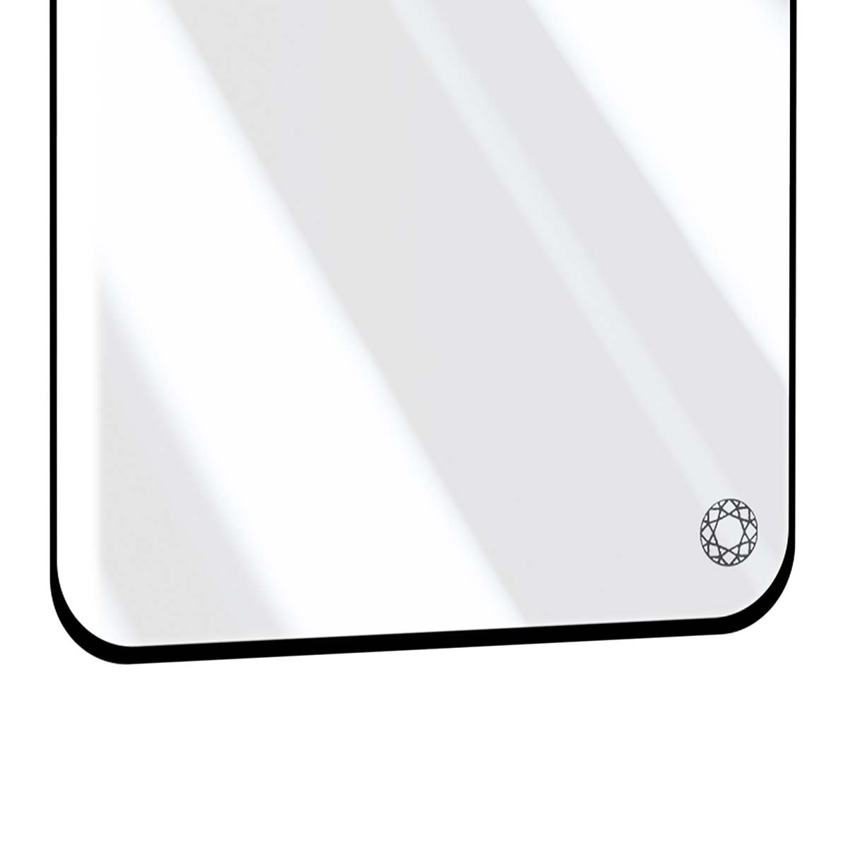 Un écran blanc avec un petit logo en diamant en bas à droite.