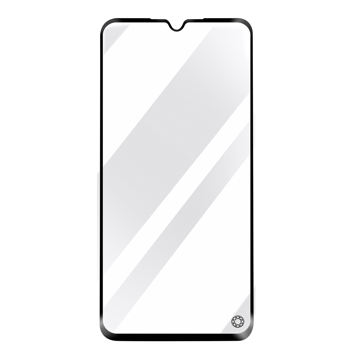 Una protezione schermo nera e rettangolare per smartphone con angoli arrotondati.