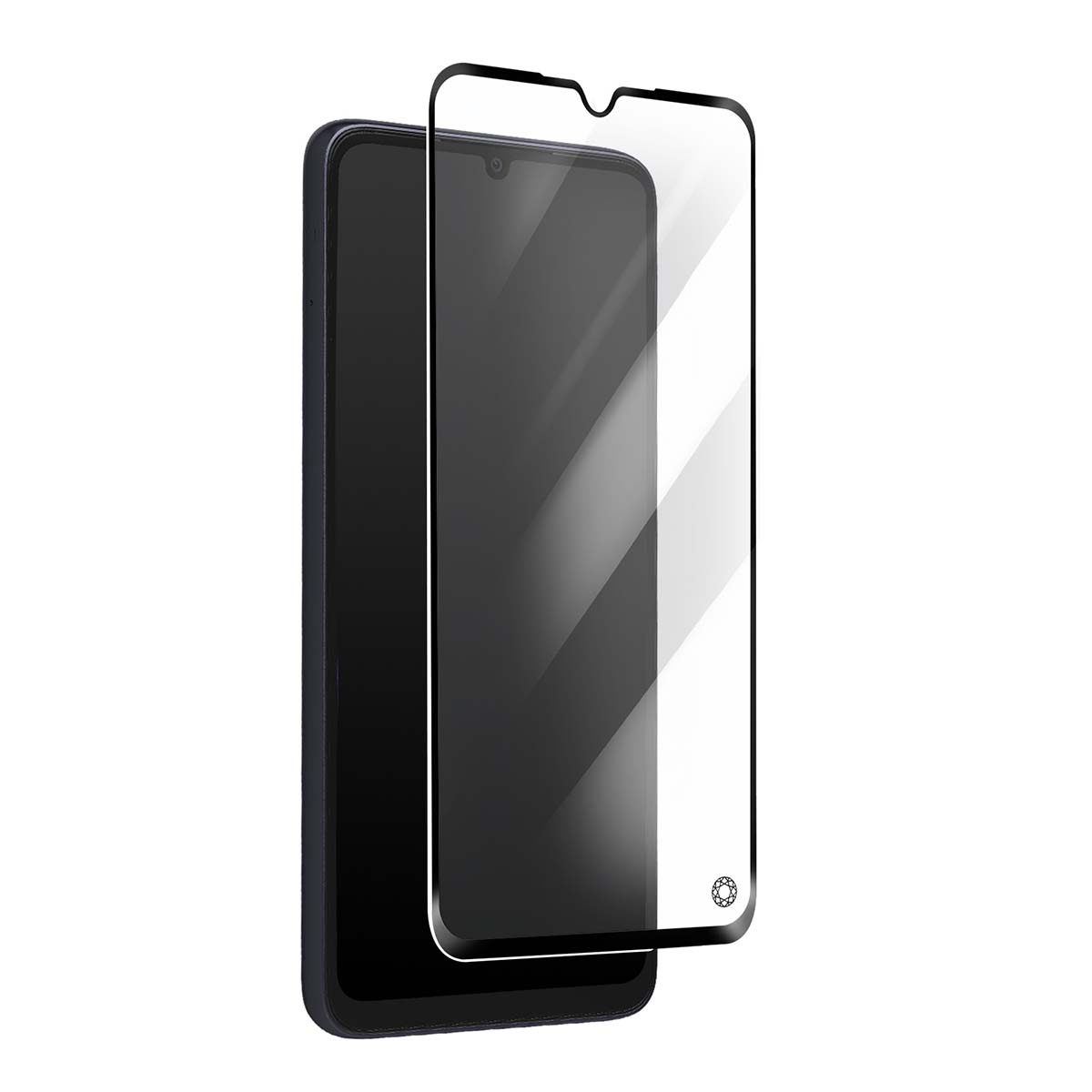Uno smartphone nero con una protezione schermo trasparente applicata.