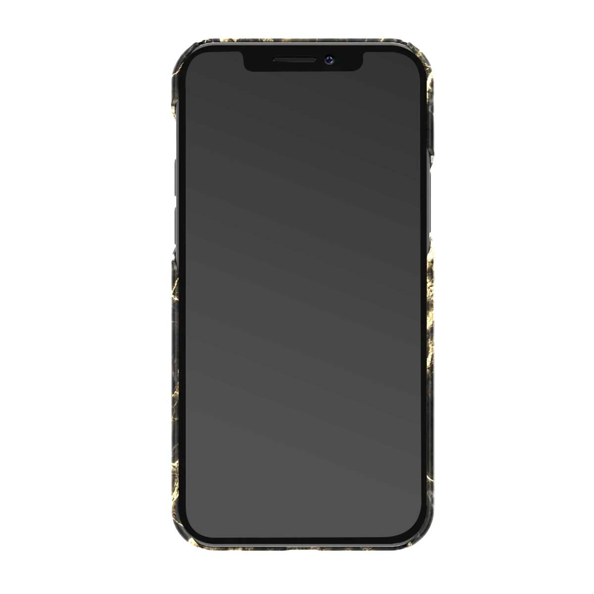 Ein schwarzes Smartphone mit Marmormuster-Hülle auf weißem Hintergrund.