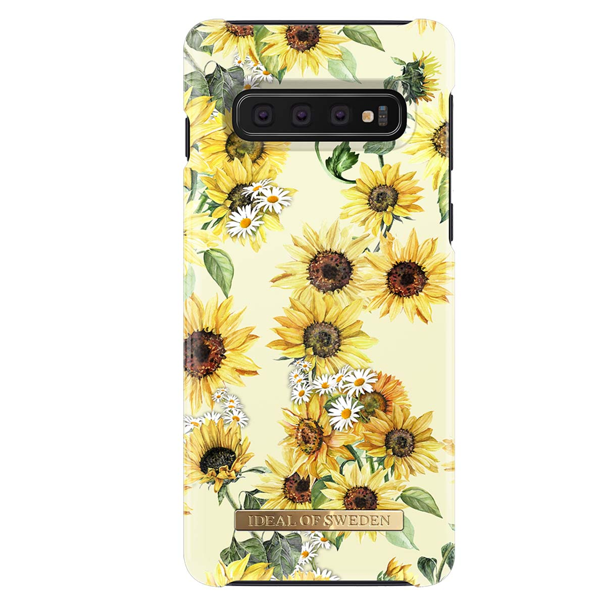 Custodia gialla per telefono con motivo floreale di girasoli.