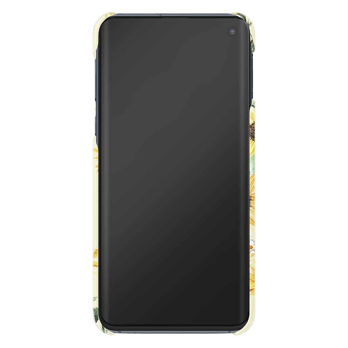 Uno smartphone con cover a fantasia di girasoli, mostrato su sfondo bianco.