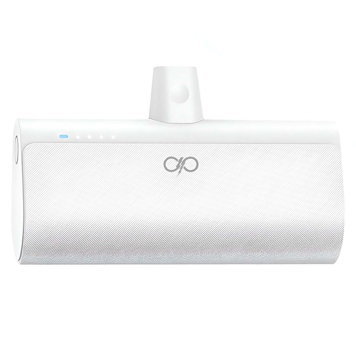 Un appareil électronique blanc avec un port de charge sur le dessus et un logo.
