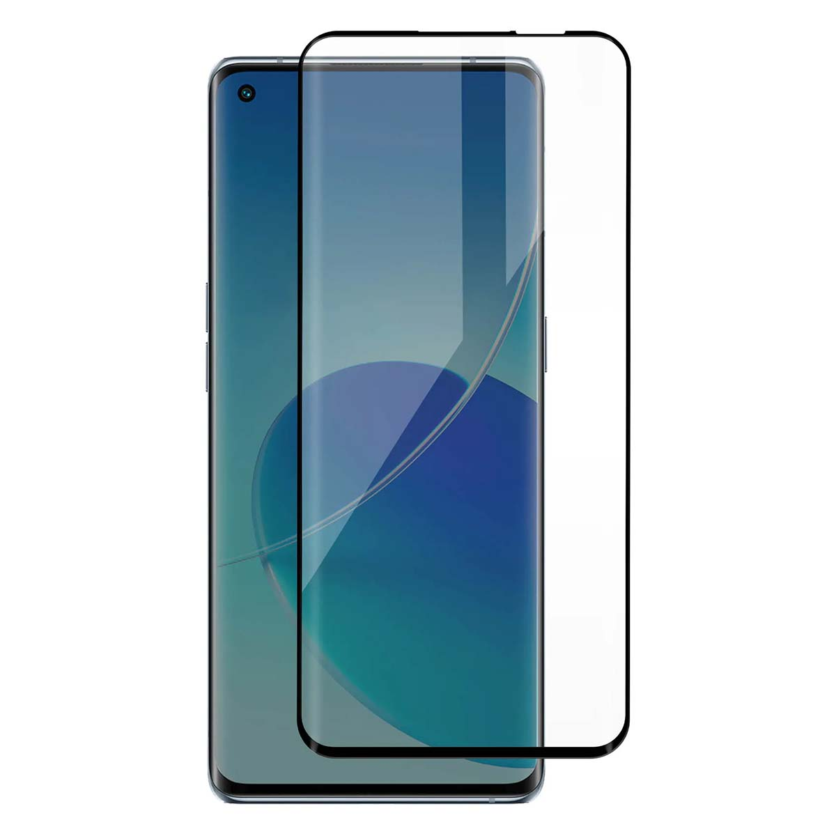 Una protezione schermo trasparente è posta su uno smartphone con sfondo astratto blu.
