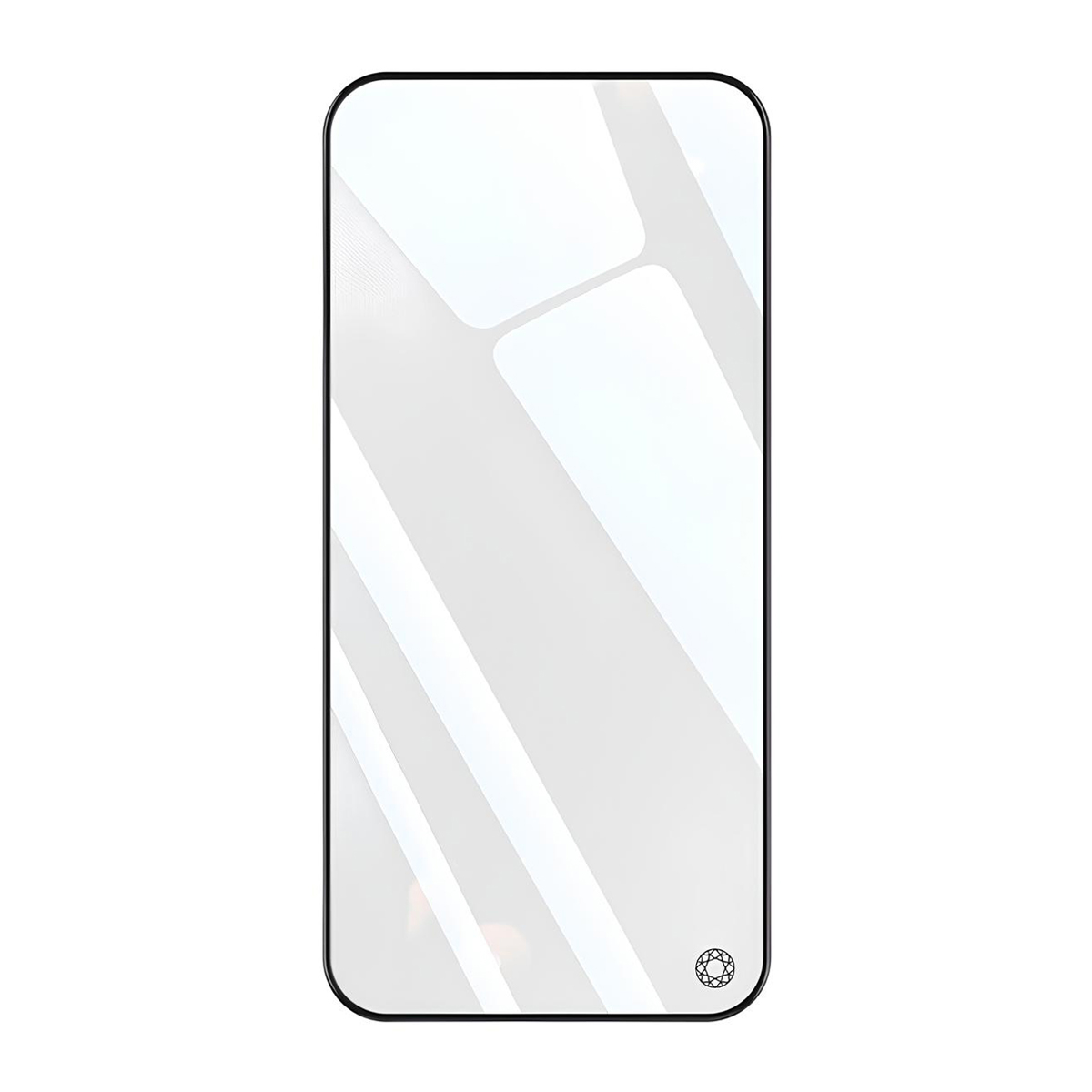 Een rechthoekige screenprotector met afgeronde hoeken op een witte achtergrond.