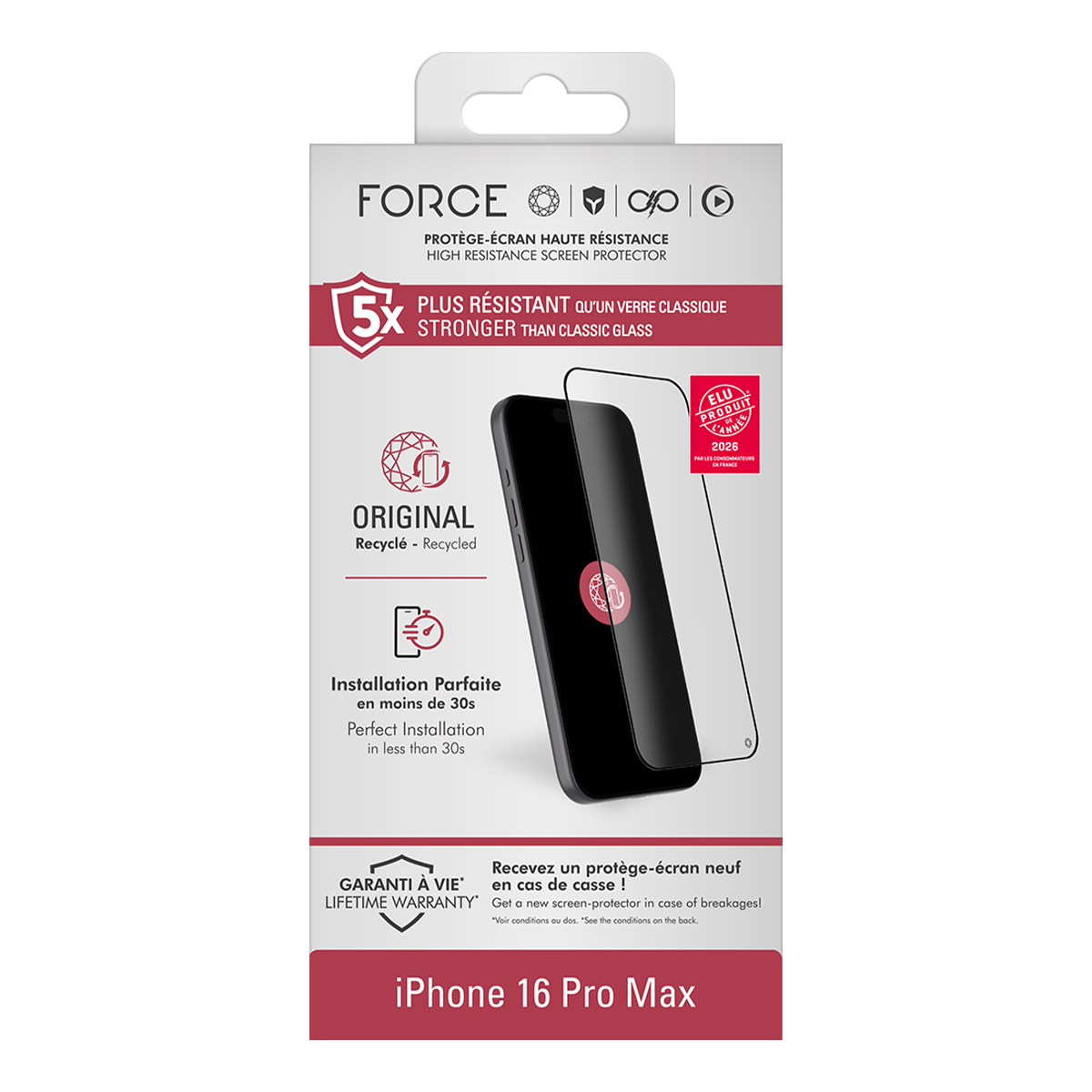 Verpakking voor iPhone 16 Pro Max screenprotector met sterk glas icoon.