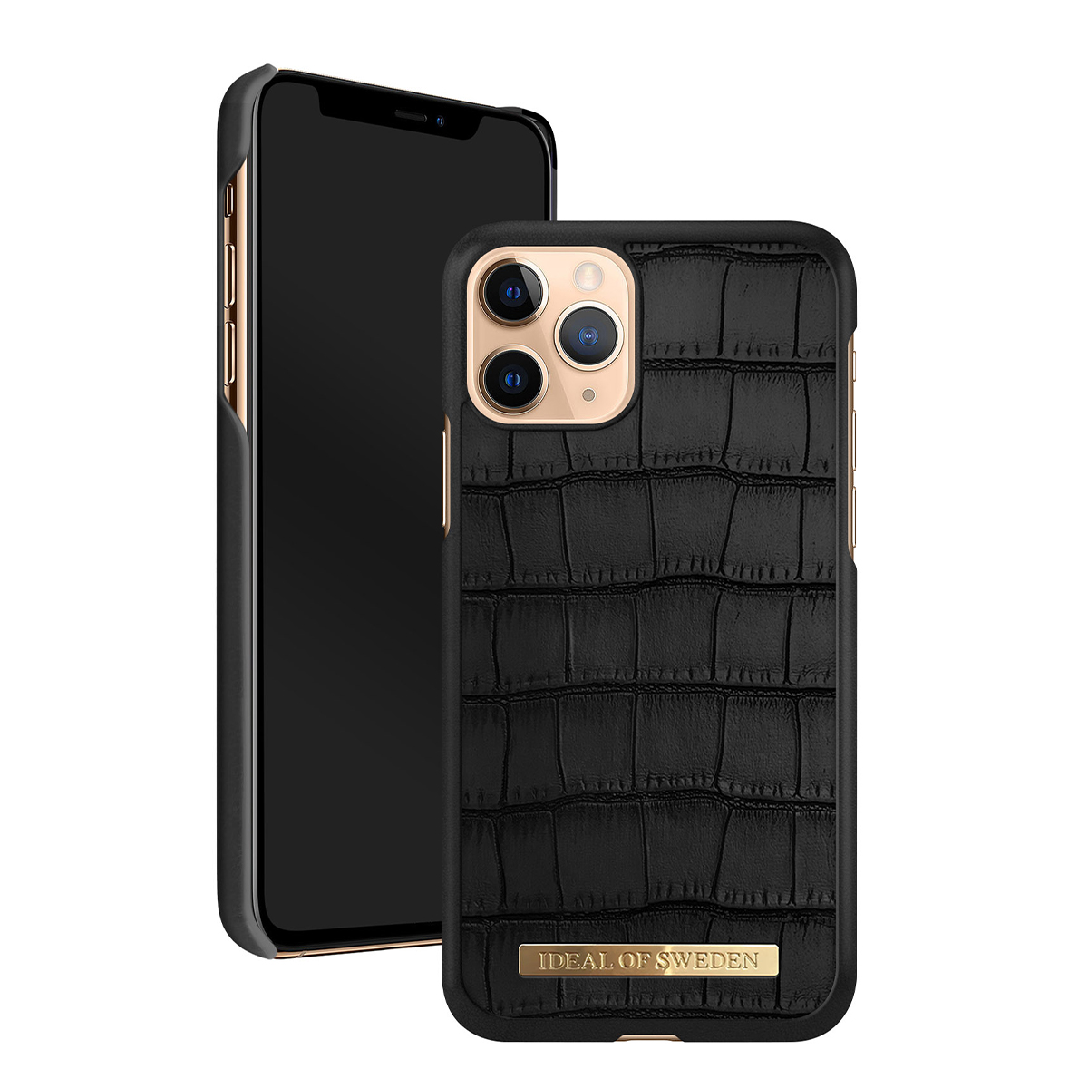 Custodia nera effetto coccodrillo con logo dorato su un telefono.