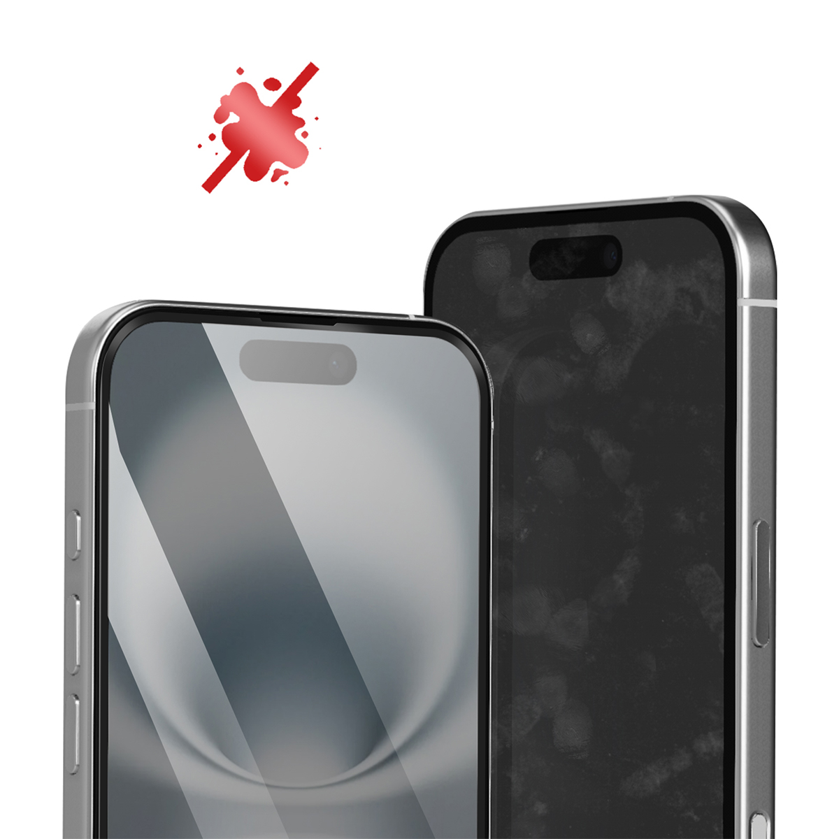 Deux iPhones, un écran clair, l'autre taché d'empreintes. Icône rouge au-dessus.