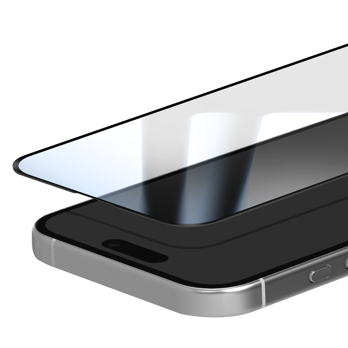 Un protecteur d'écran en verre est placé sur un smartphone avec un cadre argenté.