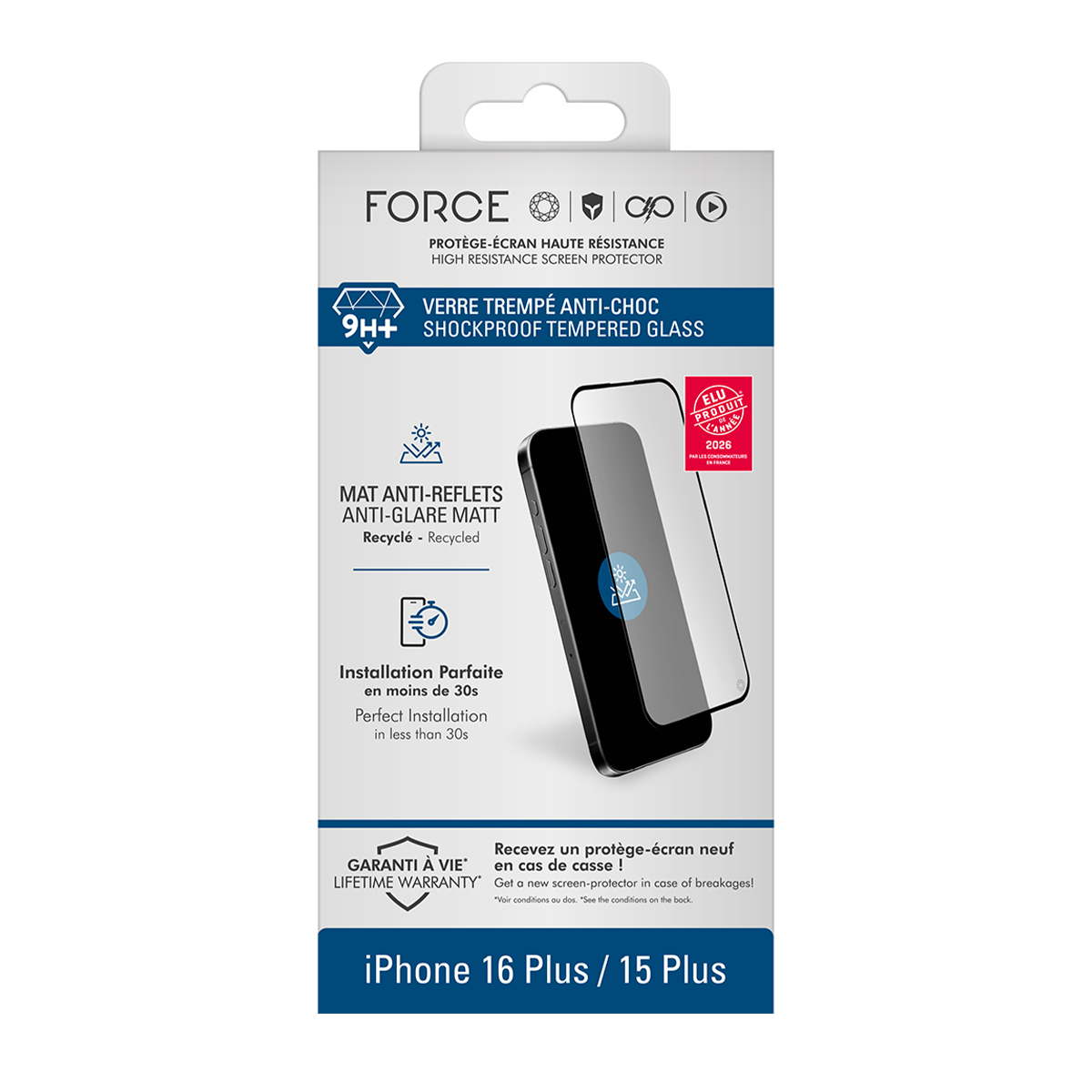 Confezione per proteggi schermo in vetro temperato antiurto per iPhone 16 Plus/15 Plus.