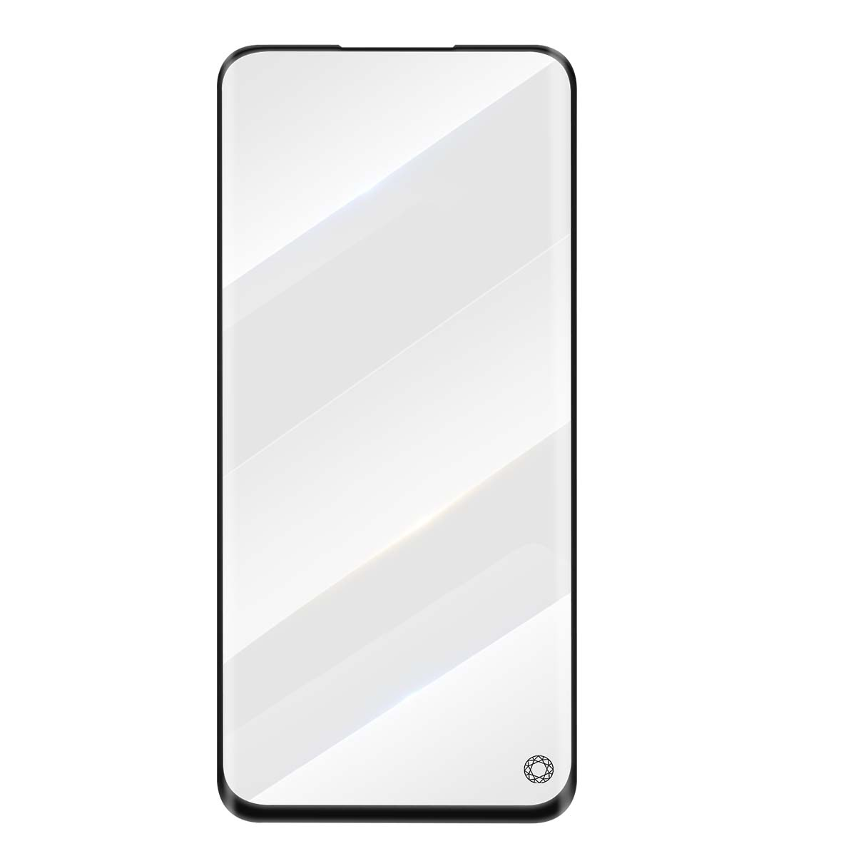Protection d'écran de smartphone noire avec rayures blanches et logo en bas à droite.