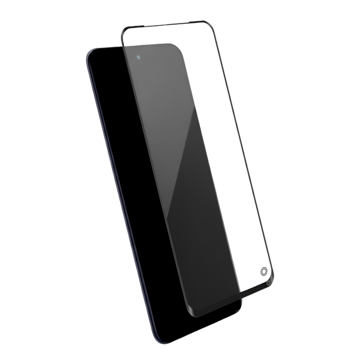 Un smartphone sombre avec protecteur d'écran, fond blanc.