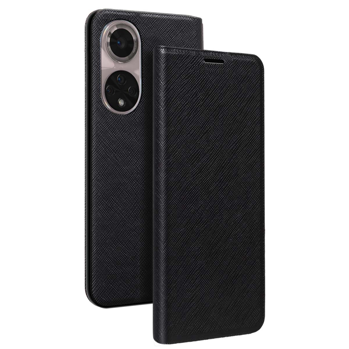 Smartphone nero con custodia che copre retro e fotocamera. Isolato.