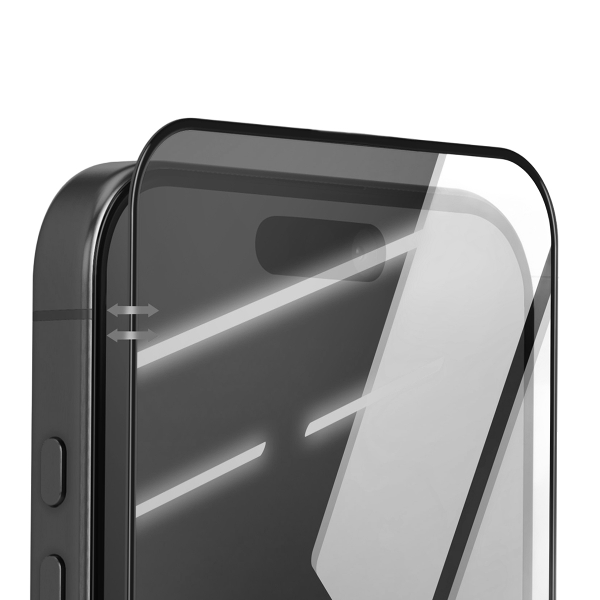 Primo piano di una protezione schermo trasparente su uno smartphone scuro.