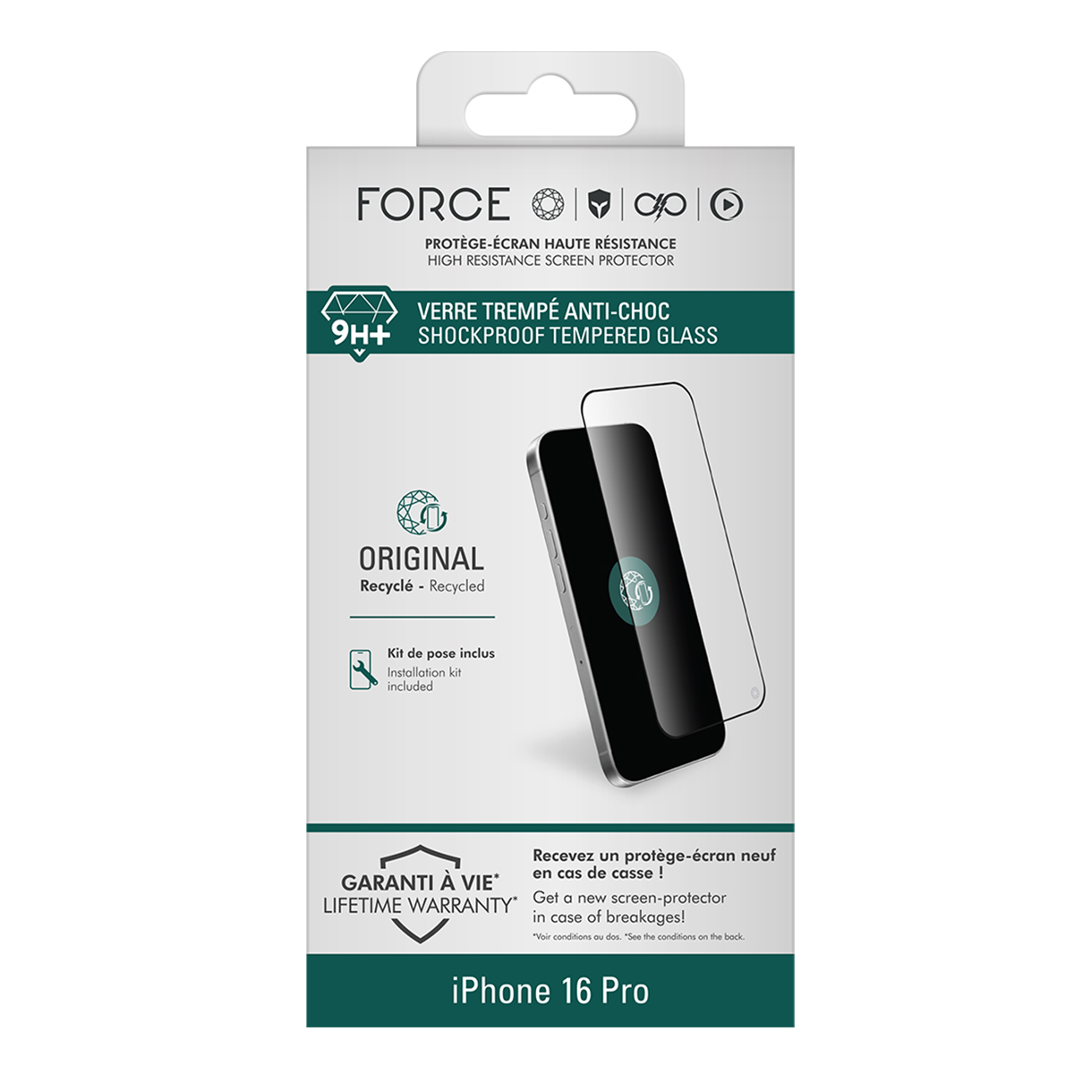 Confezione per un protettore schermo in vetro temperato antiurto per iPhone 16 Pro.