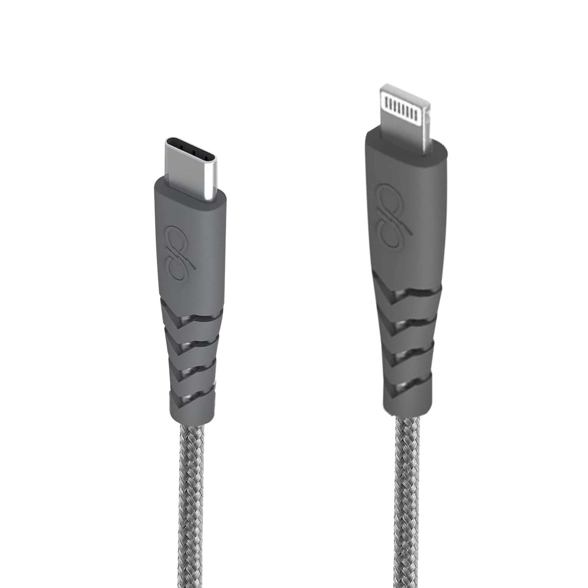 Ein USB-C- und ein Lightning-Kabel mit grauen Steckern und geflochtenen Kabeln.