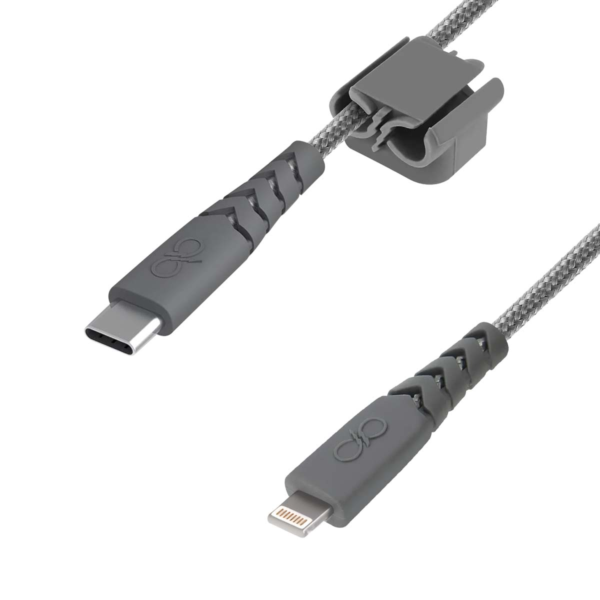 Graues USB-C- und Lightning-Kabel mit geflochtenem Kabel und Halter.