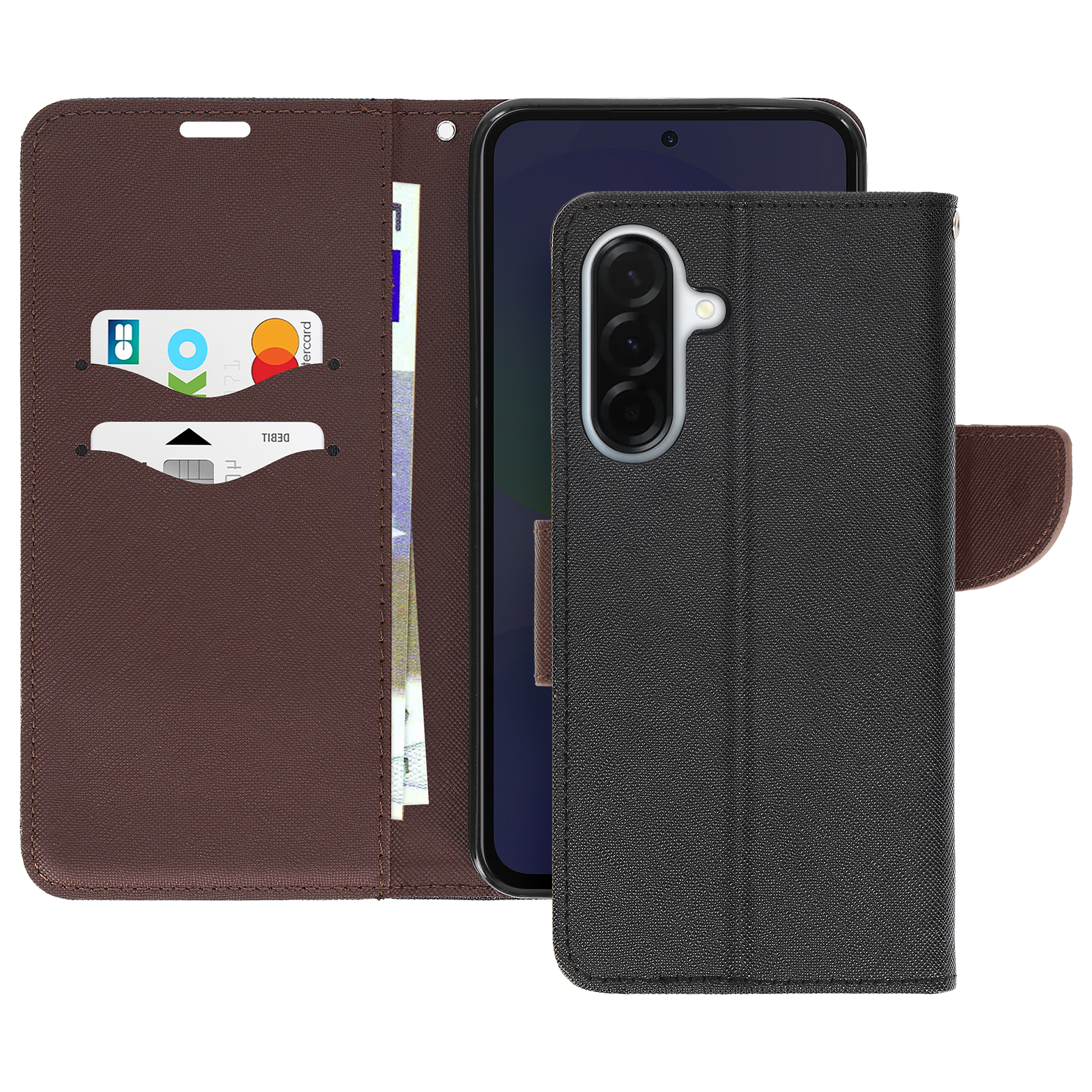 Custodia nera per telefono con slot per carte e uno smartphone.