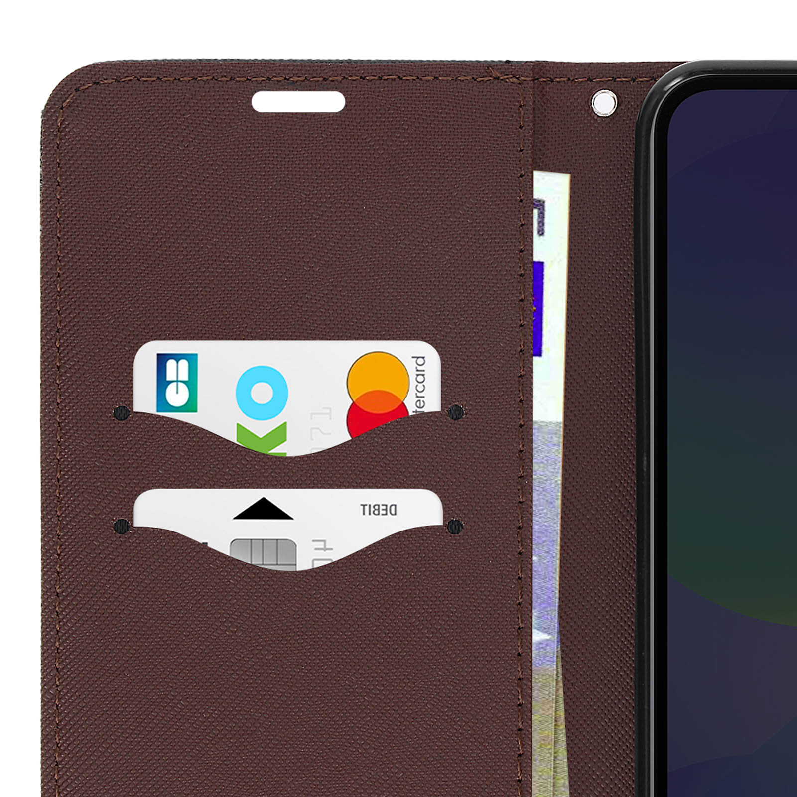 Custodia per telefono marrone con slot per carte, carte di credito e banconote.