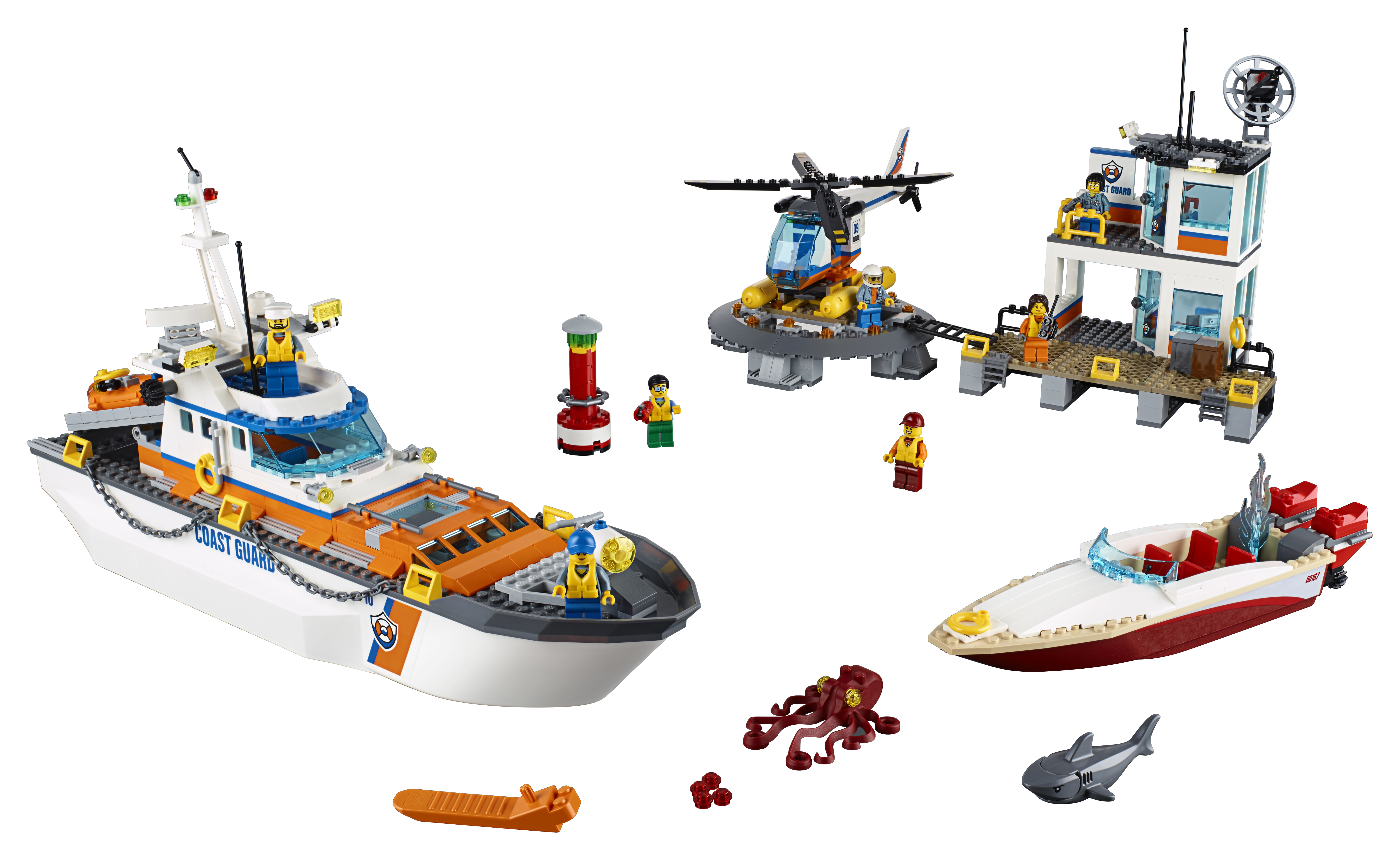 Lego straż przybrzeżna: łódź, platforma dla helikoptera, wieża obserwacyjna, łodzie, rekin, ośmiornica.