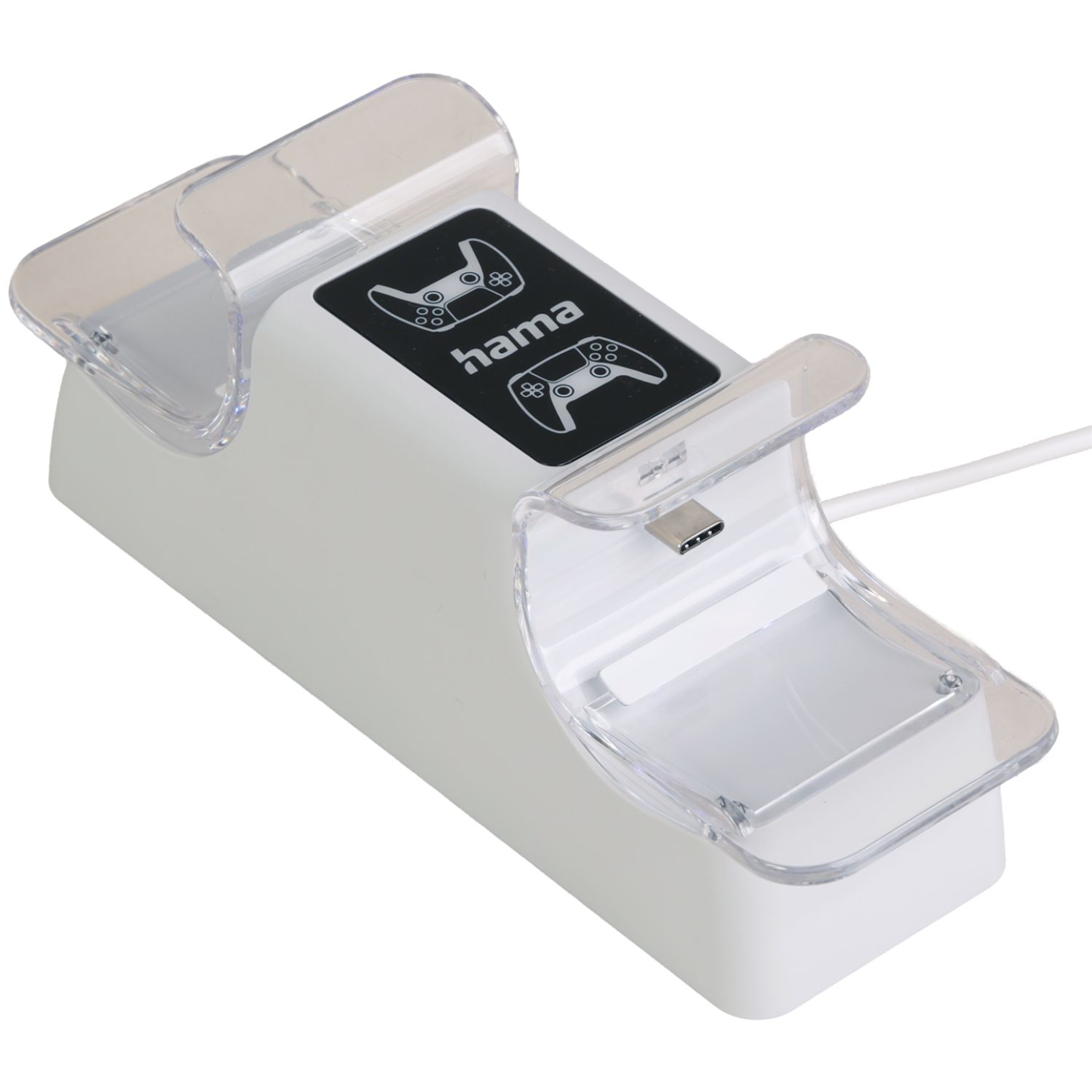 Biała stacja ładująca kontrolery z przezroczystymi osłonami i portem USB-C.