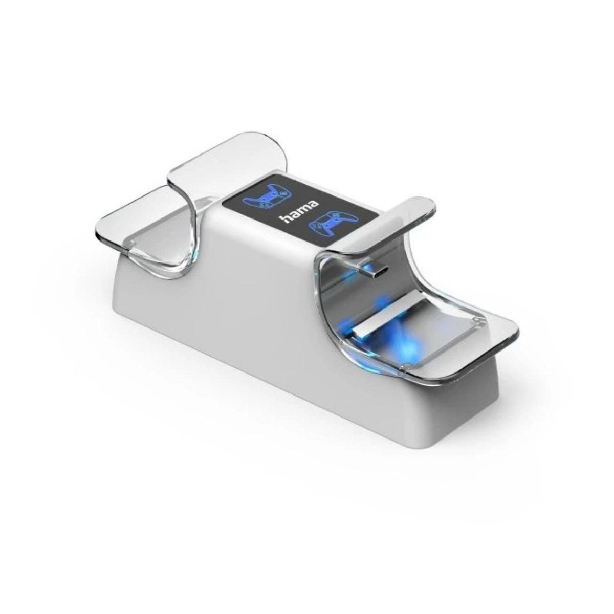 Biała stacja ładująca z niebieskimi symbolami kontrolerów i światłami.