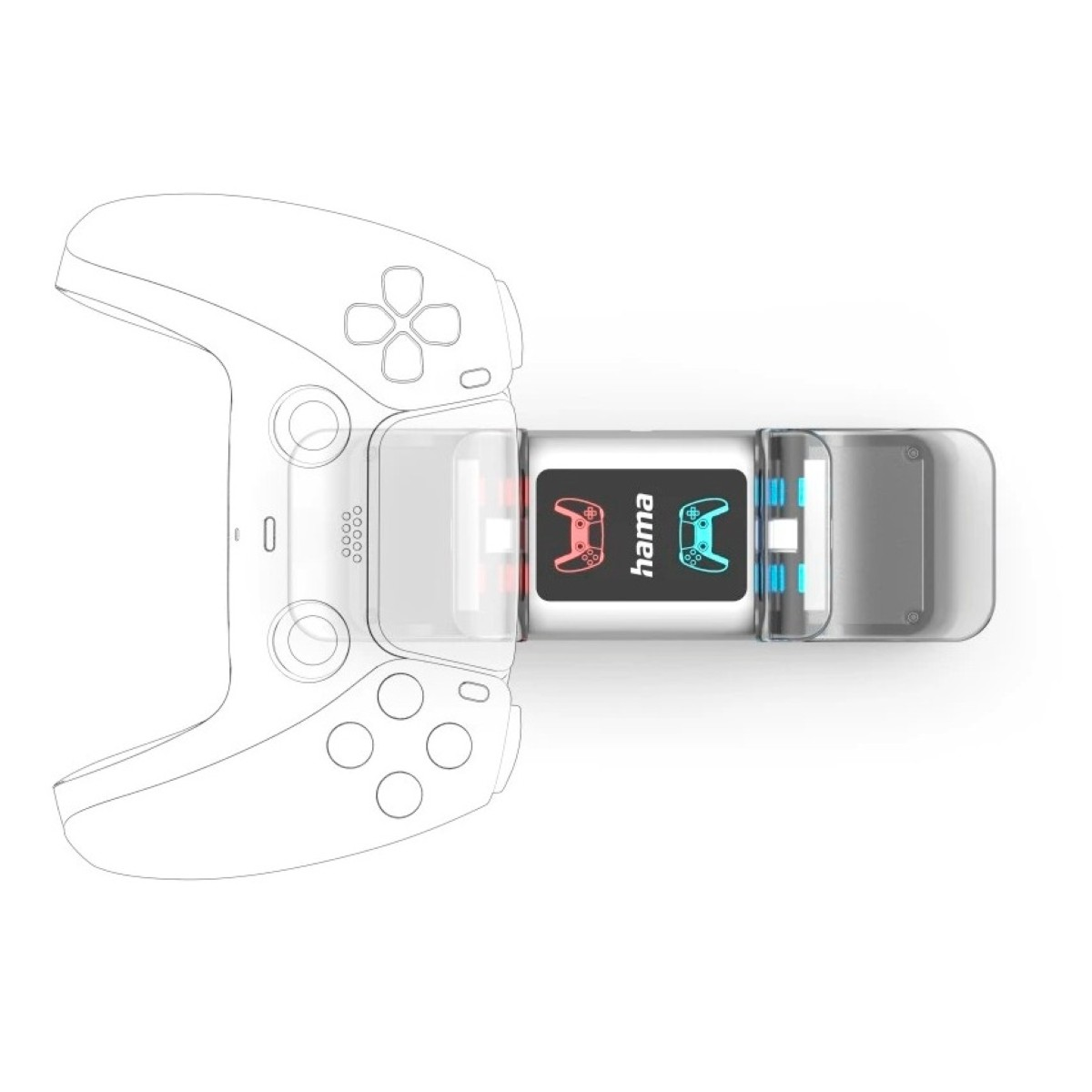 Biały kontroler do gier z pendrivem wyświetlającym dwa symbole kontrolerów.