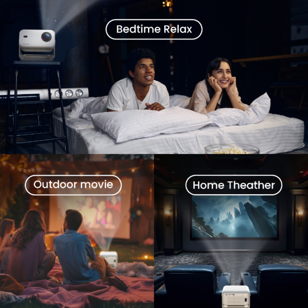 Vier Szenen zeigen Projektoren in verschiedenen Umgebungen: Bett, draußen, Heimkino.