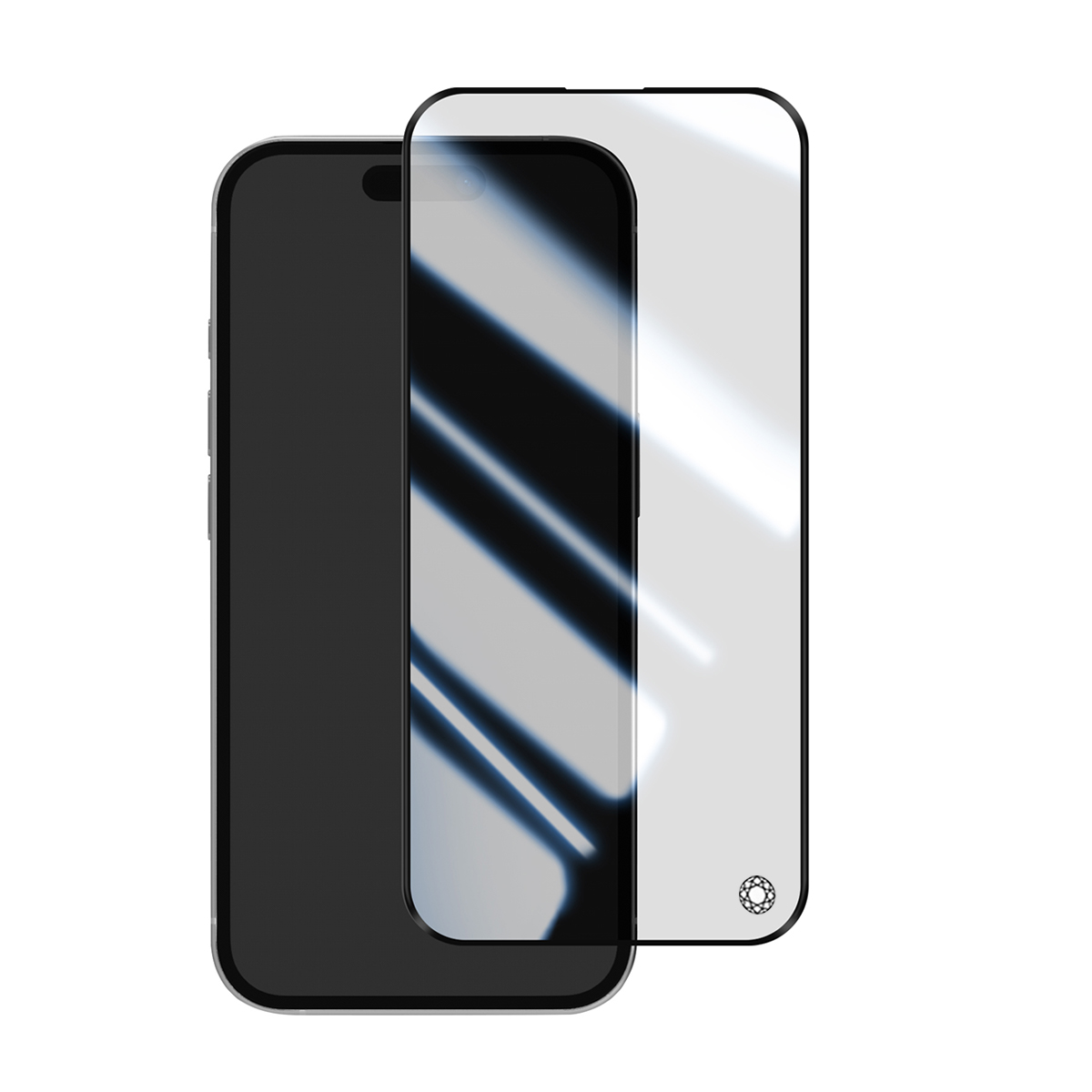 Un smartphone gris à côté d'un protecteur d'écran.