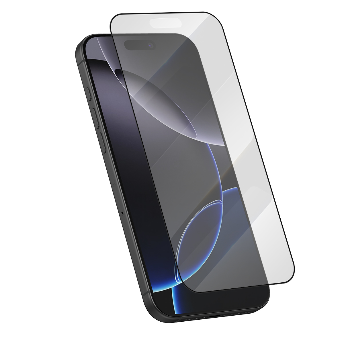 Un smartphone noir avec un protecteur d'écran placé sur l'écran.