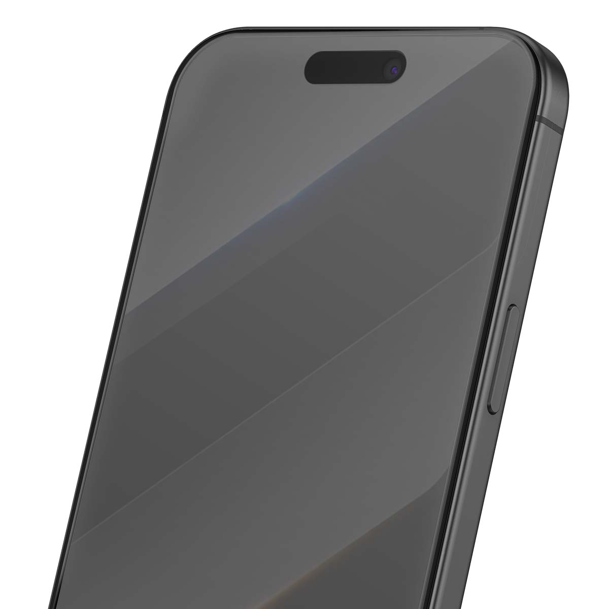 Vue de dessus d'un smartphone sombre avec une encoche et un bouton de volume.