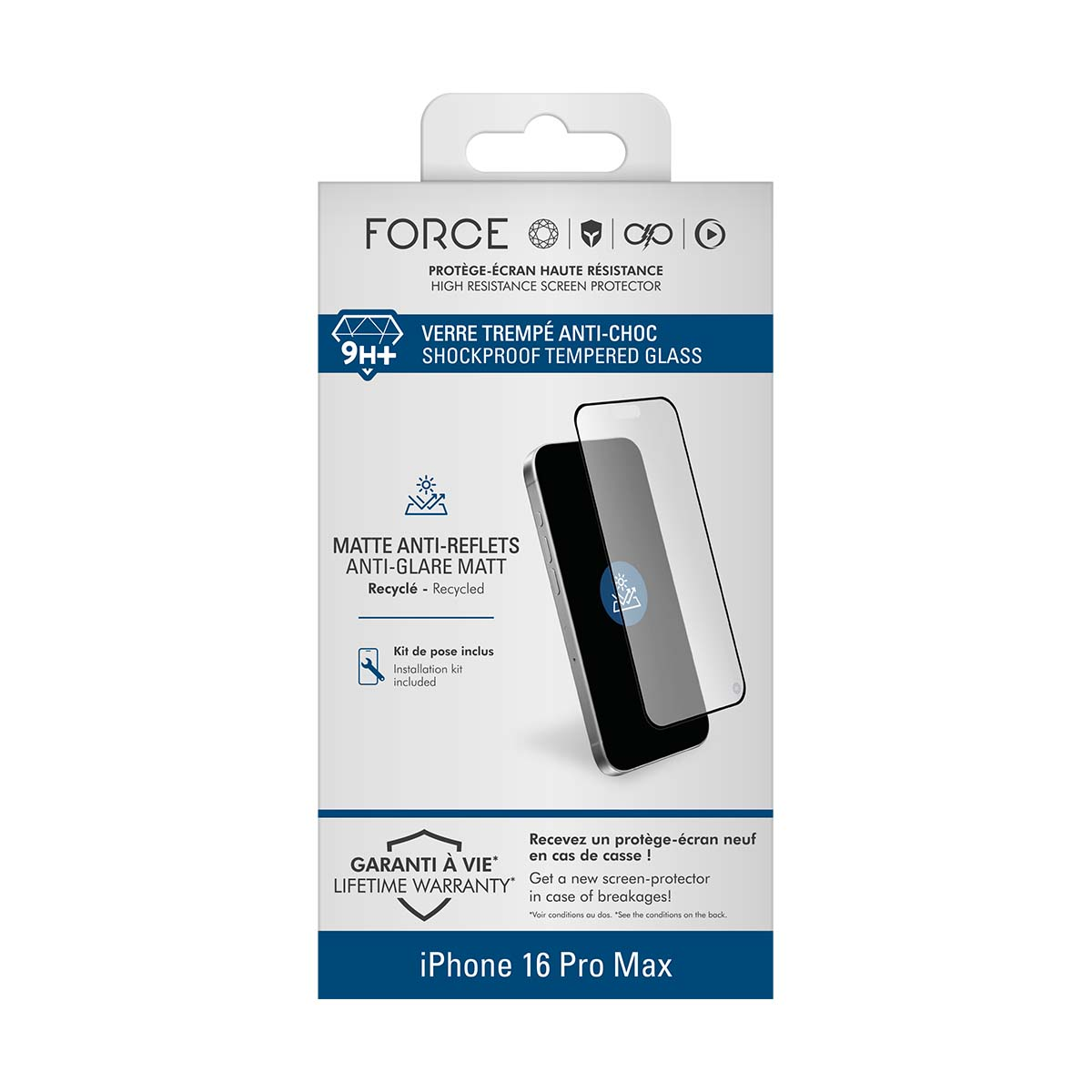Emballage protecteur écran iPhone 16 Pro Max, mat, verre trempé 9H+.