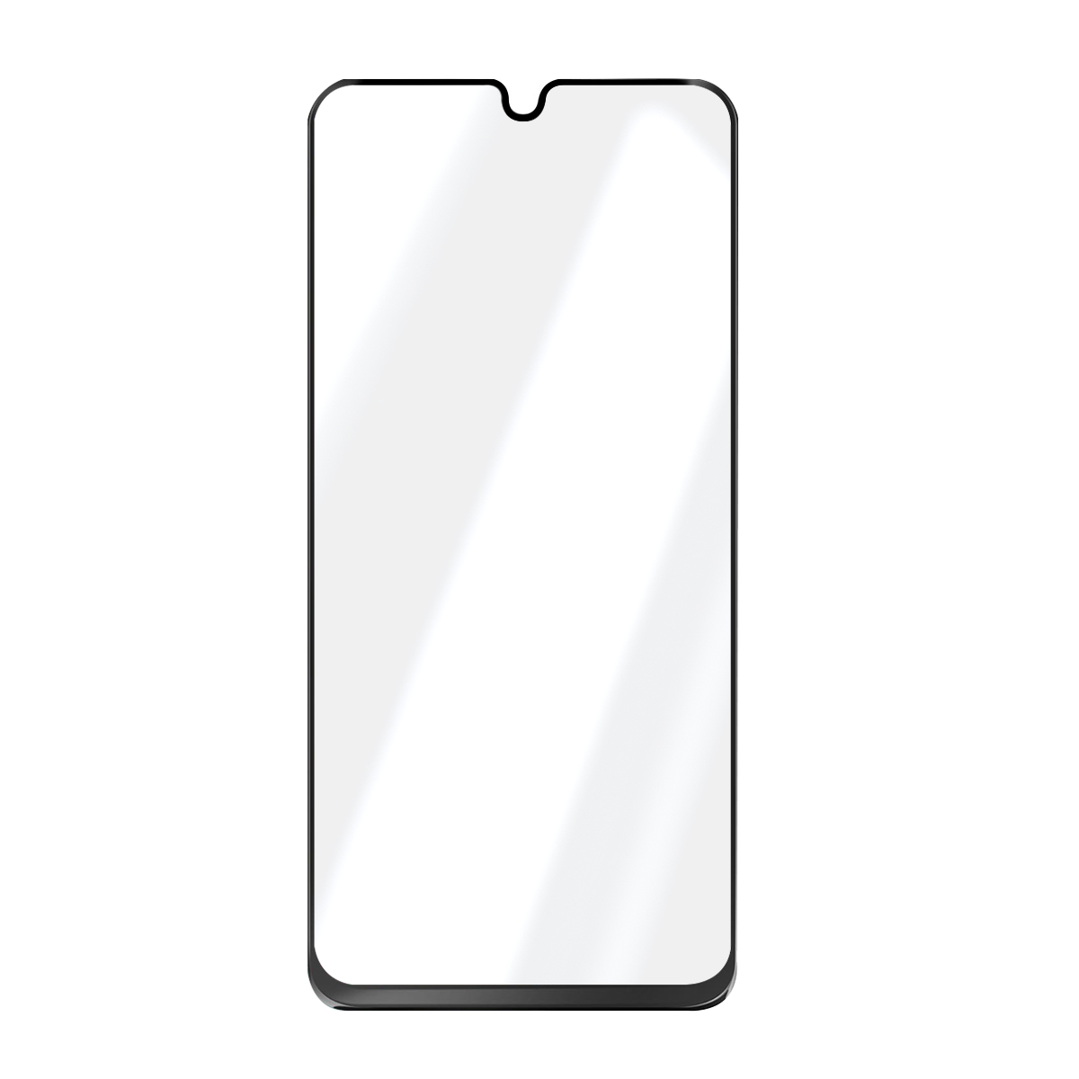 Een doorzichtige glazen screenprotector met zwarte rand.