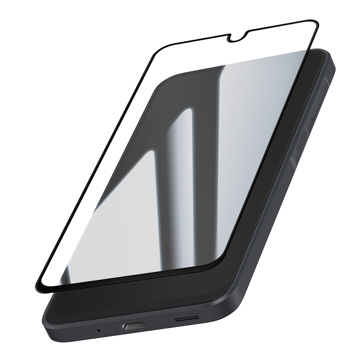 Een screenprotector ligt op een donkere smartphone, geïsoleerd op een witte ondergrond.