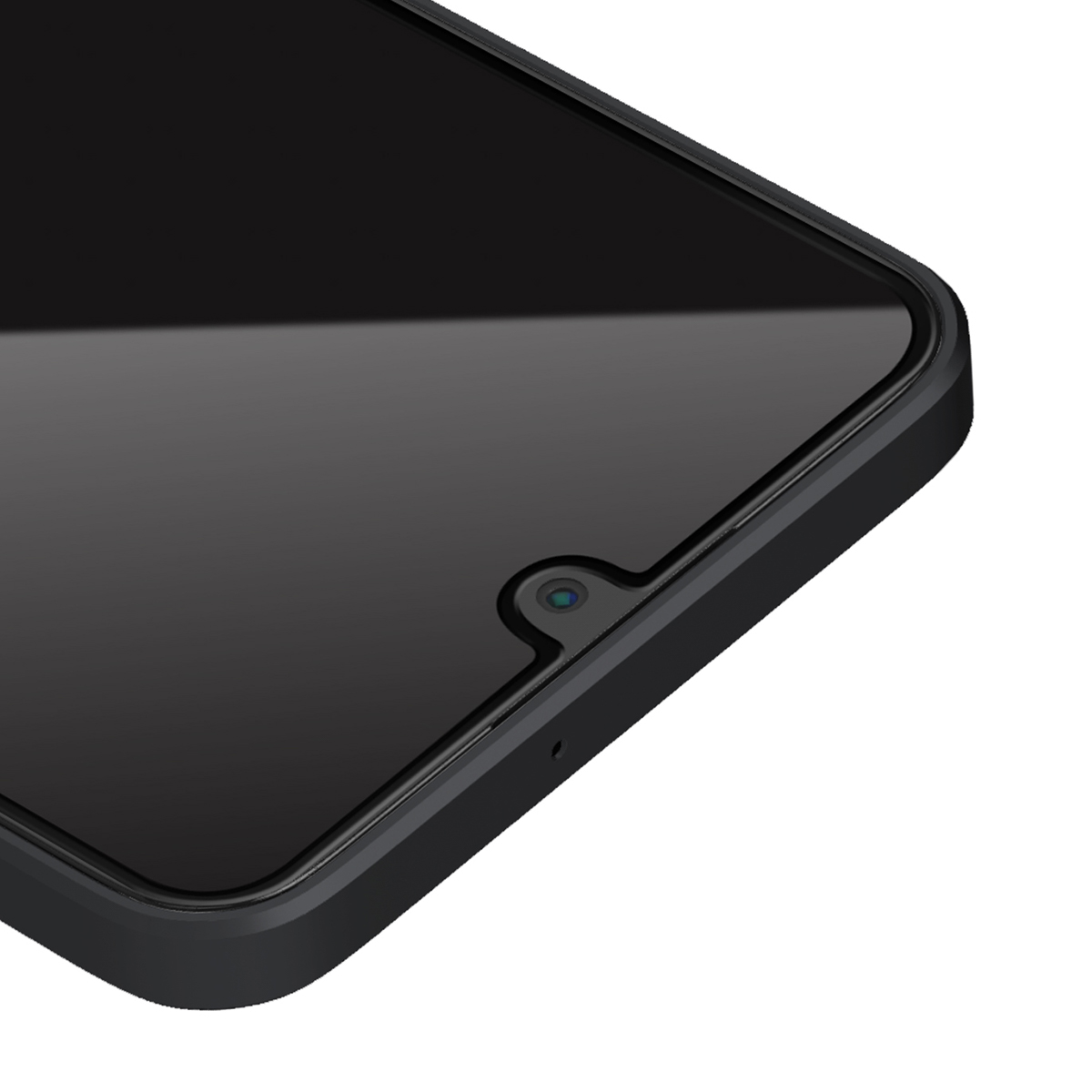 Close-up van de linkerbovenhoek van een zwarte smartphone, met de uitsparing voor de camera aan de voorkant.