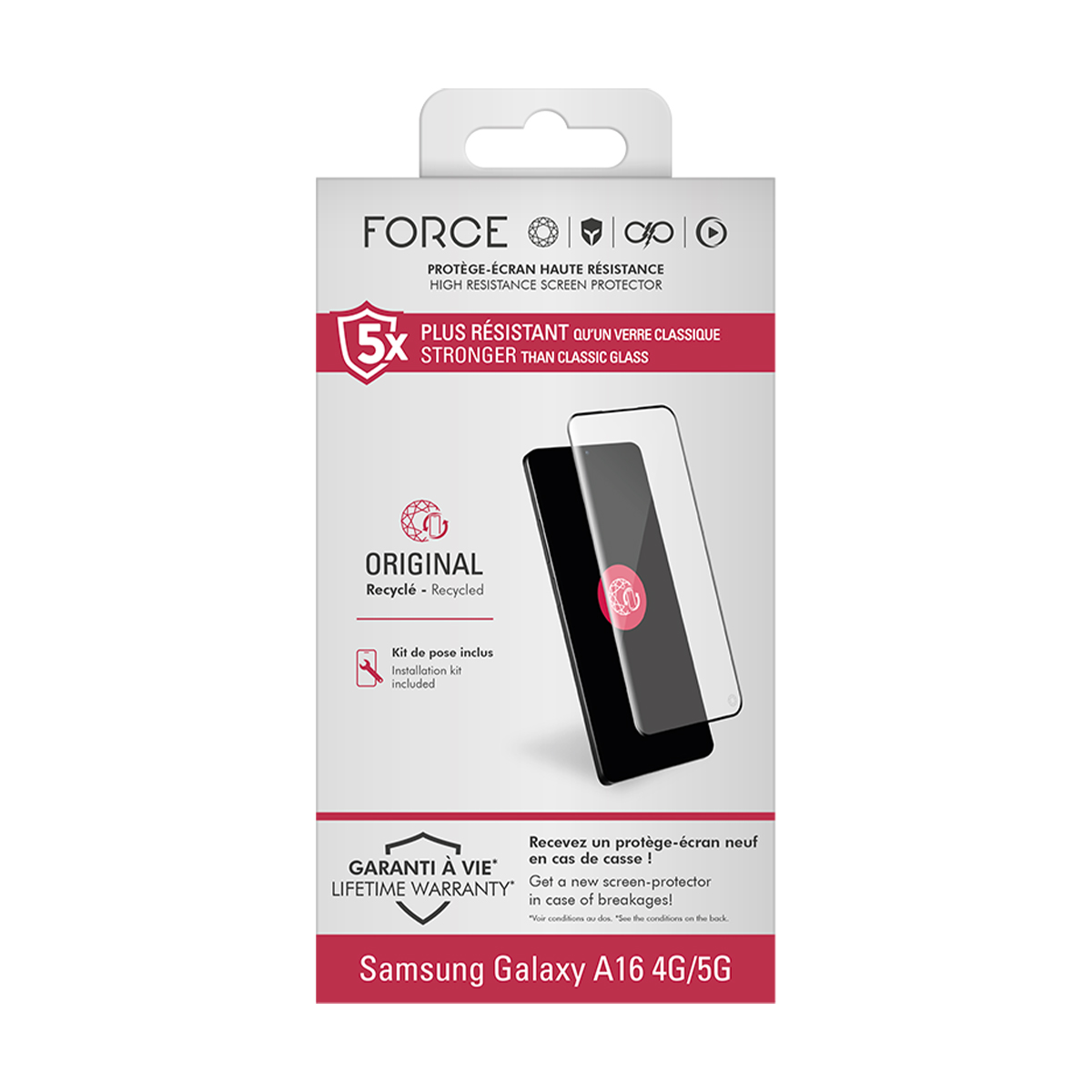 Verpakking voor een FORCE screenprotector voor Samsung Galaxy A16 5G.