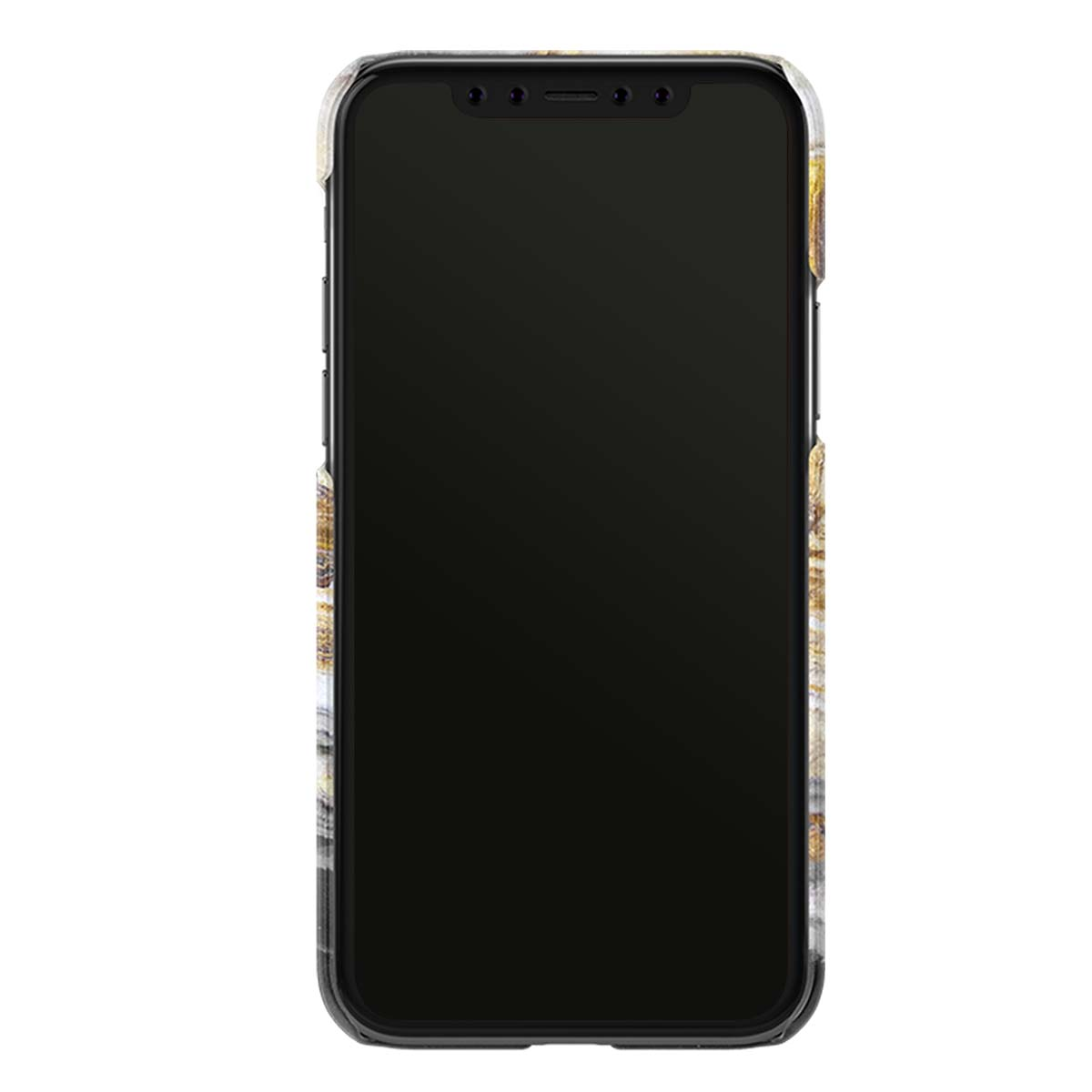 Uno smartphone con schermo nero e custodia fantasia.