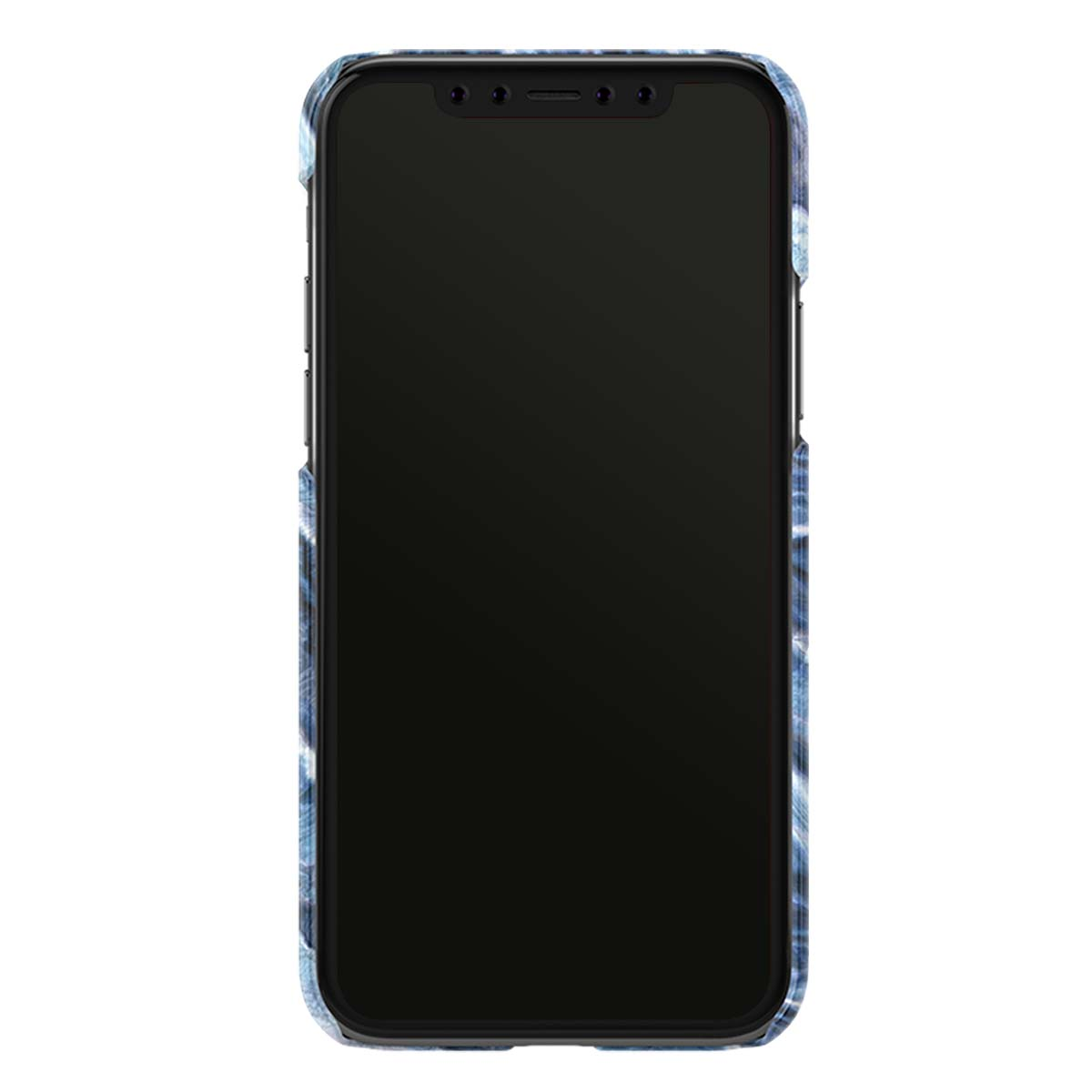 Uno smartphone nero con custodia blu fantasia su sfondo bianco.