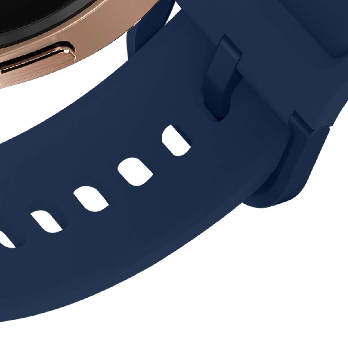 Zbliżenie ciemnoniebieskiego paska do zegarka z wycięciami i częścią różowozłotej koperty.