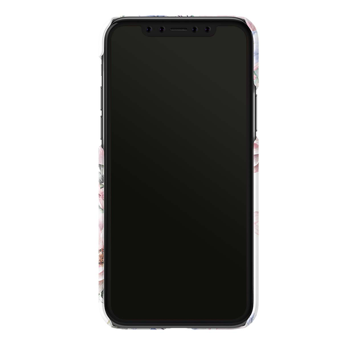Uno smartphone con una fantasia floreale blu e rosa sulla custodia.