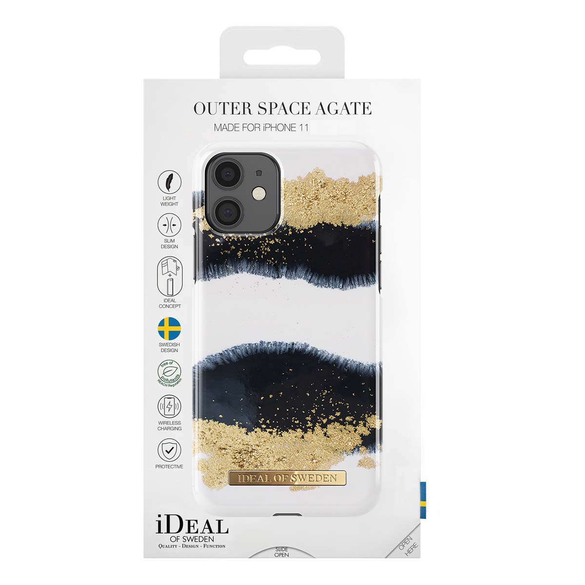 Confezione cover iPhone 11: design Outer Space Agate con pagliuzze dorate.