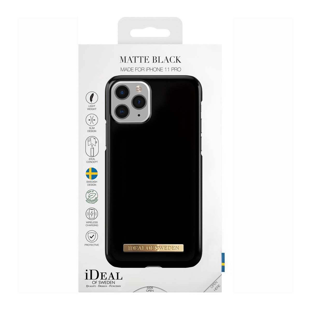 Custodia nera per iPhone 11 Pro, design svedese, logo dorato.