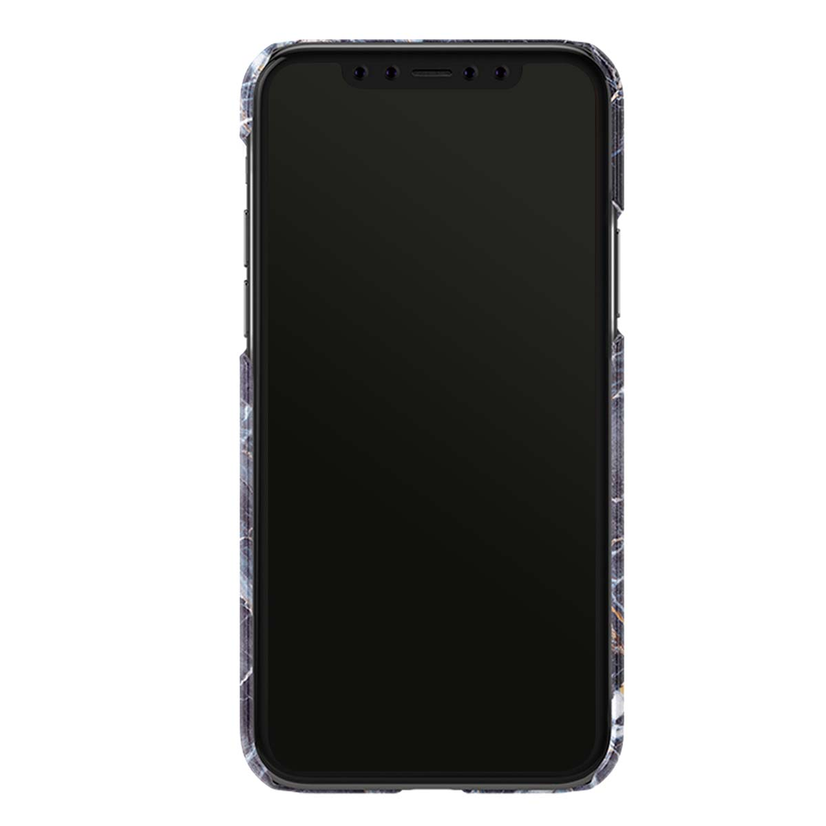 Uno smartphone con cover effetto marmo su sfondo bianco.