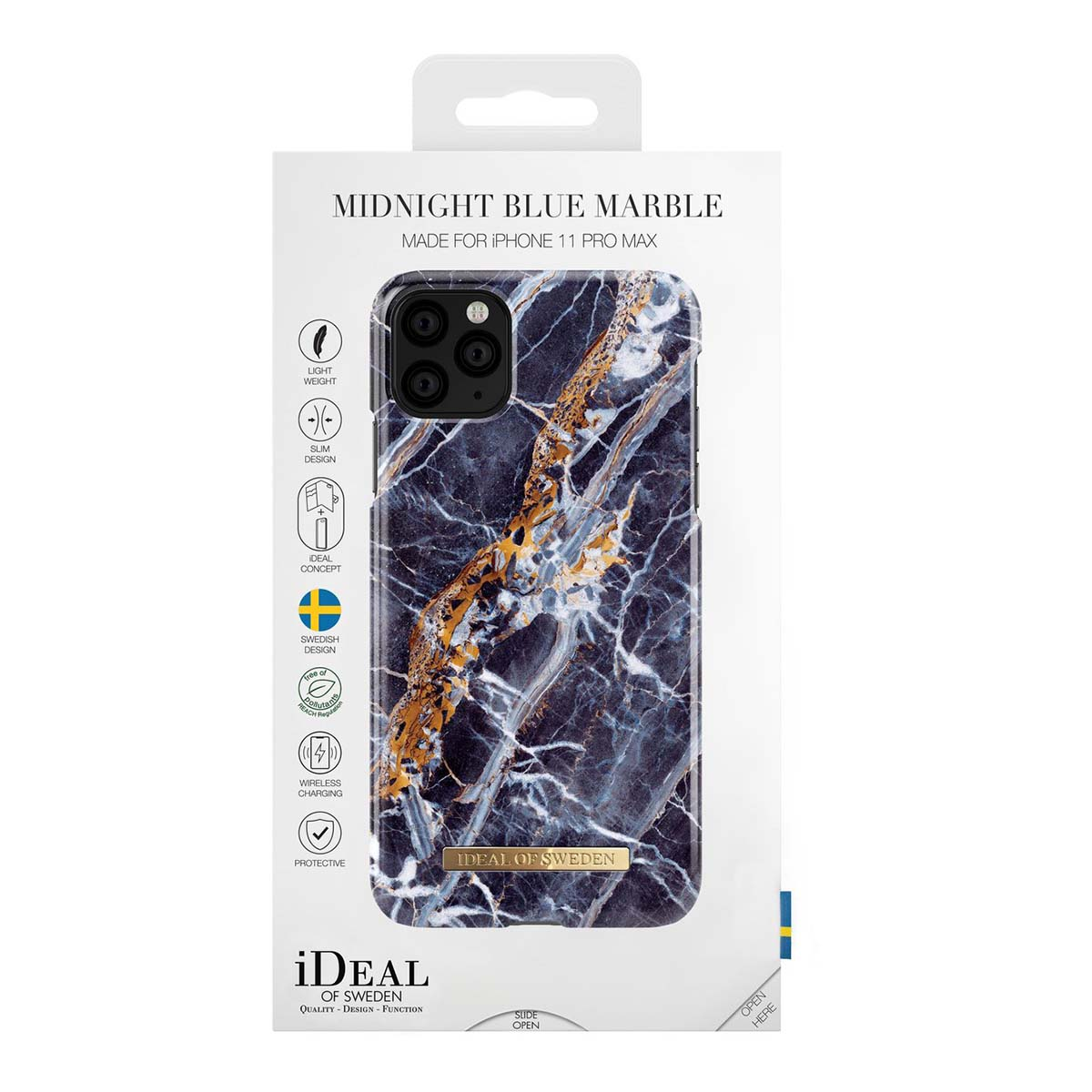 Confezione per cover iPhone 11 Pro Max con motivo in marmo blu notte.