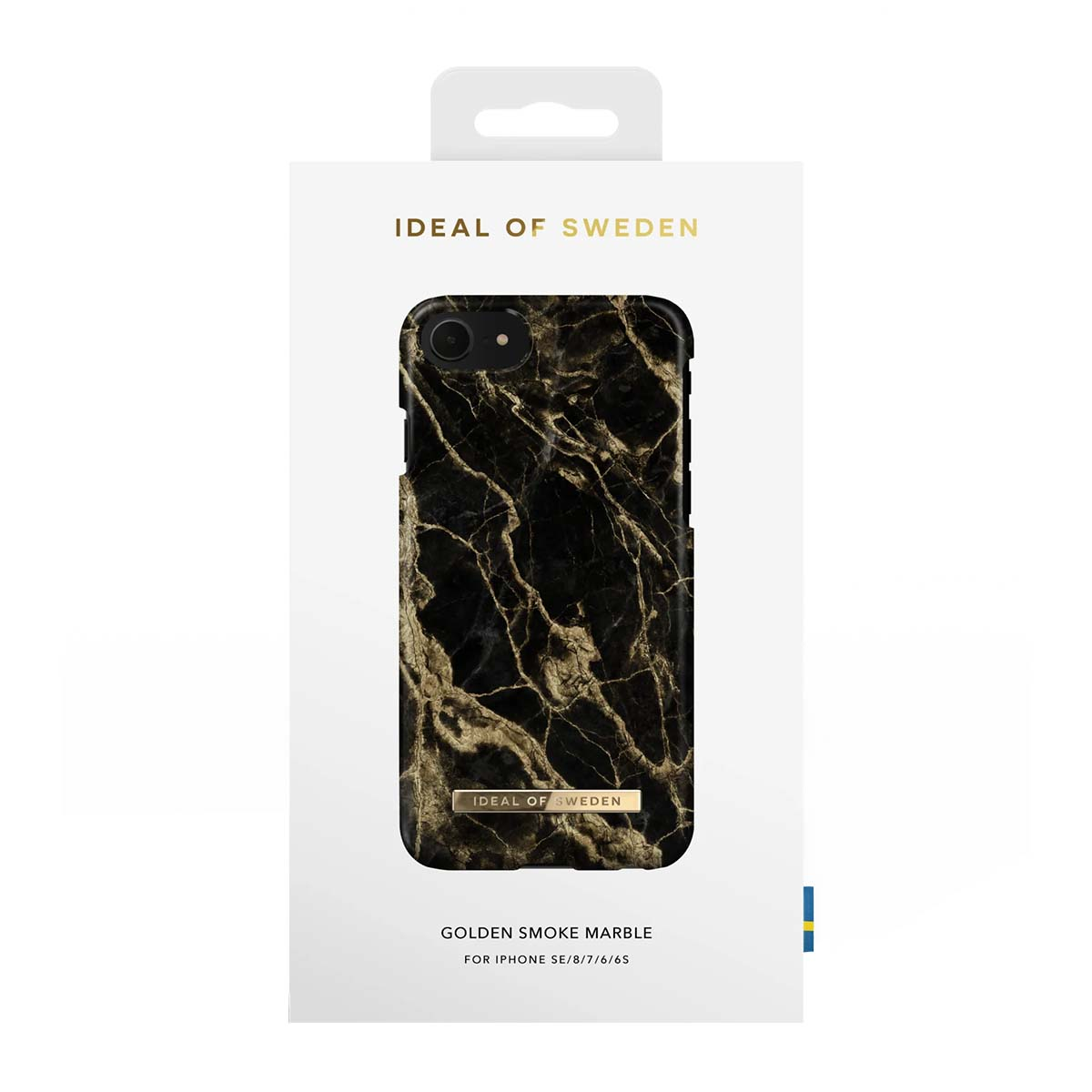 Cover iPhone con motivo marmorizzato nero e venature dorate, Ideal of Sweden.