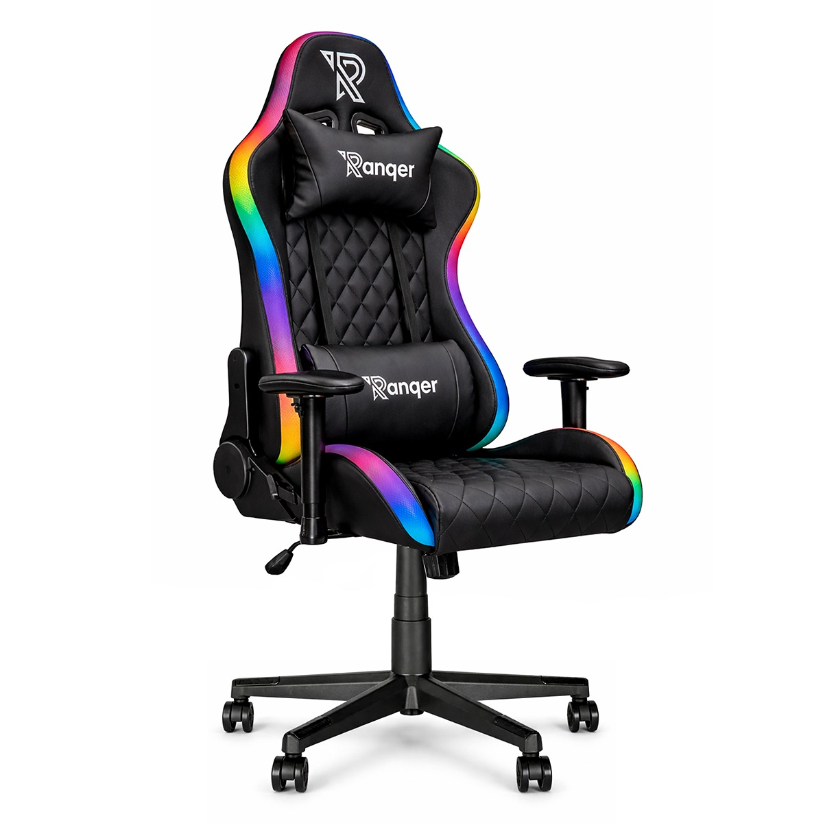 Zwarte gamestoel met regenboog-LED's, twee kussens en Ranger-logo.