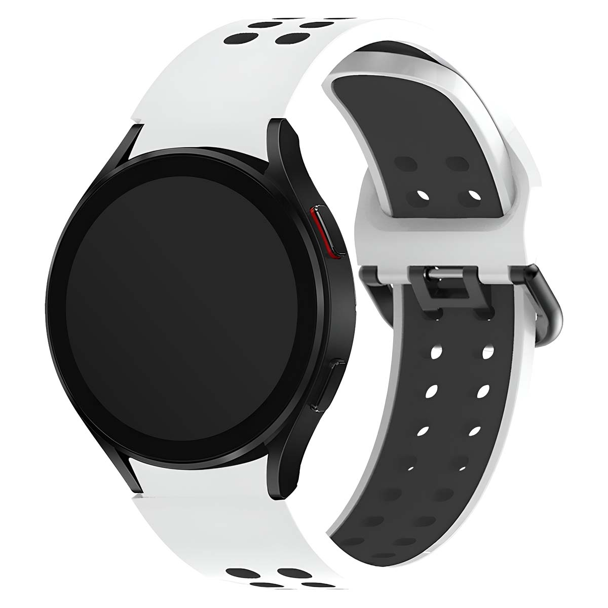 Un reloj inteligente blanco con correa negra y botón rojo.