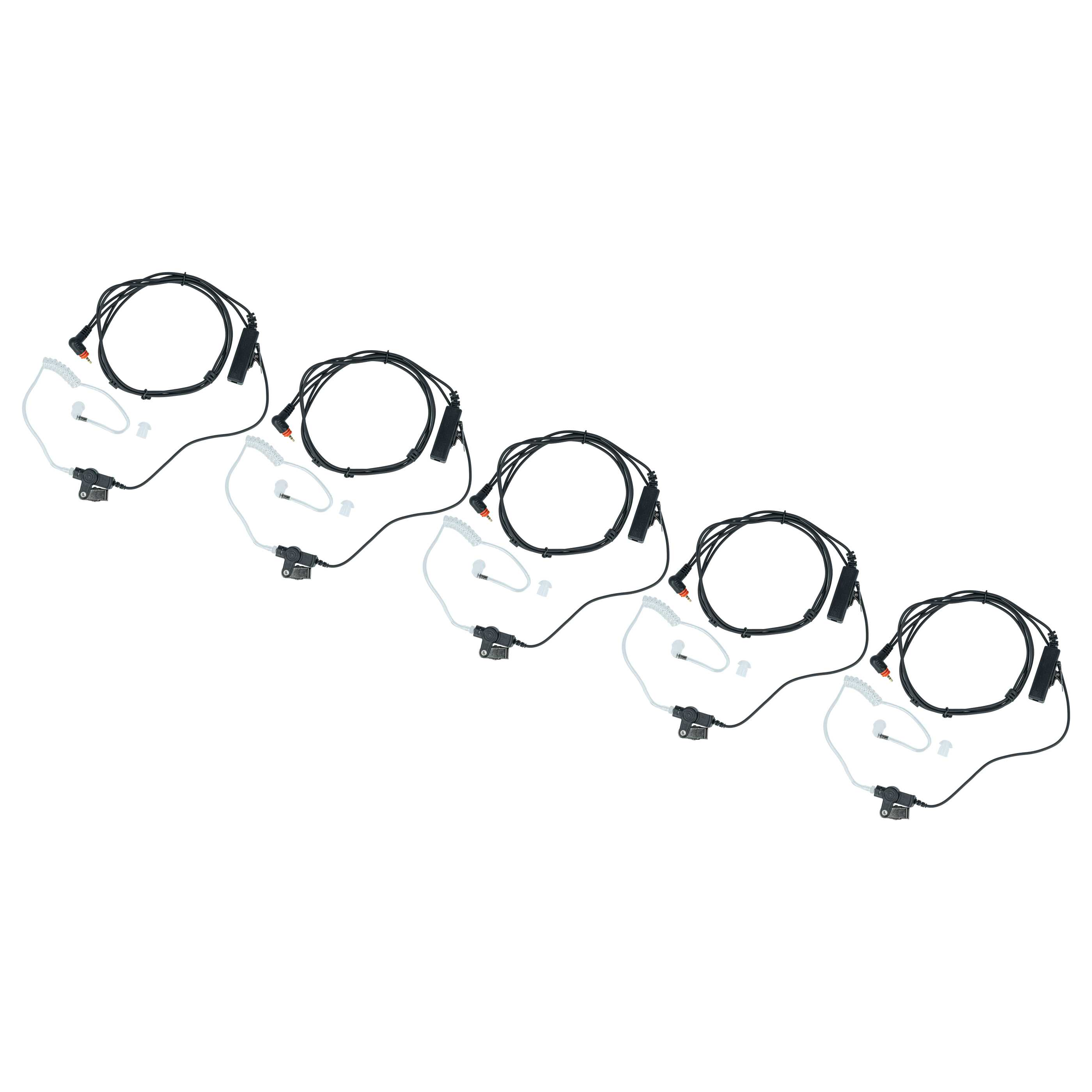 Fünf schwarze Headsets mit transparenten Schläuchen und Ohrstöpseln, auf weißem Hintergrund.